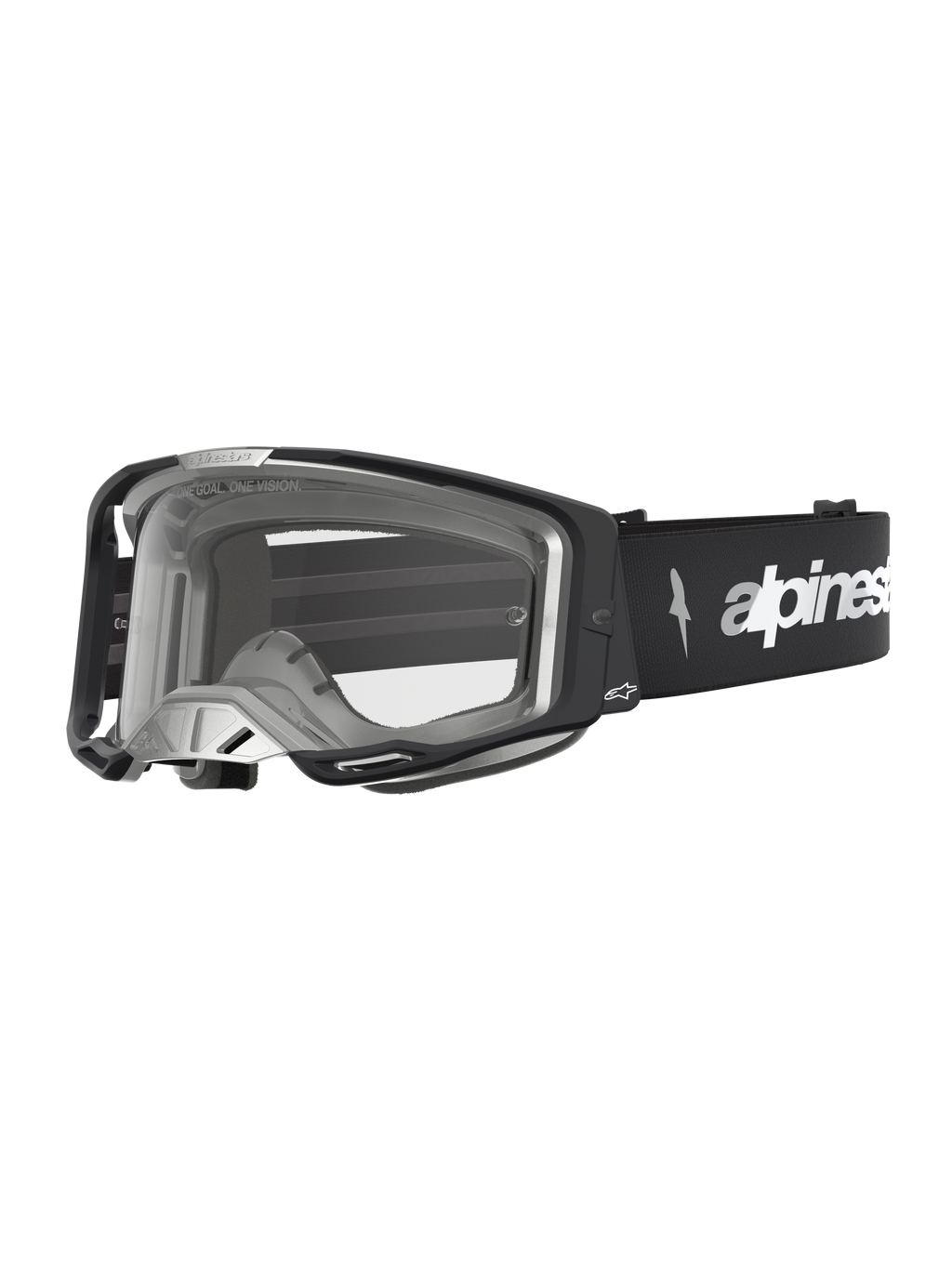 Alpinestars Vision 8 Amber Schutzbrille, Motocross-Schutzbrille für Herren, Schwarz und Silber, klare Scheibe mit RAM-AIR-Belüftungssystem und flexiblem A-FLEX-Rahmen