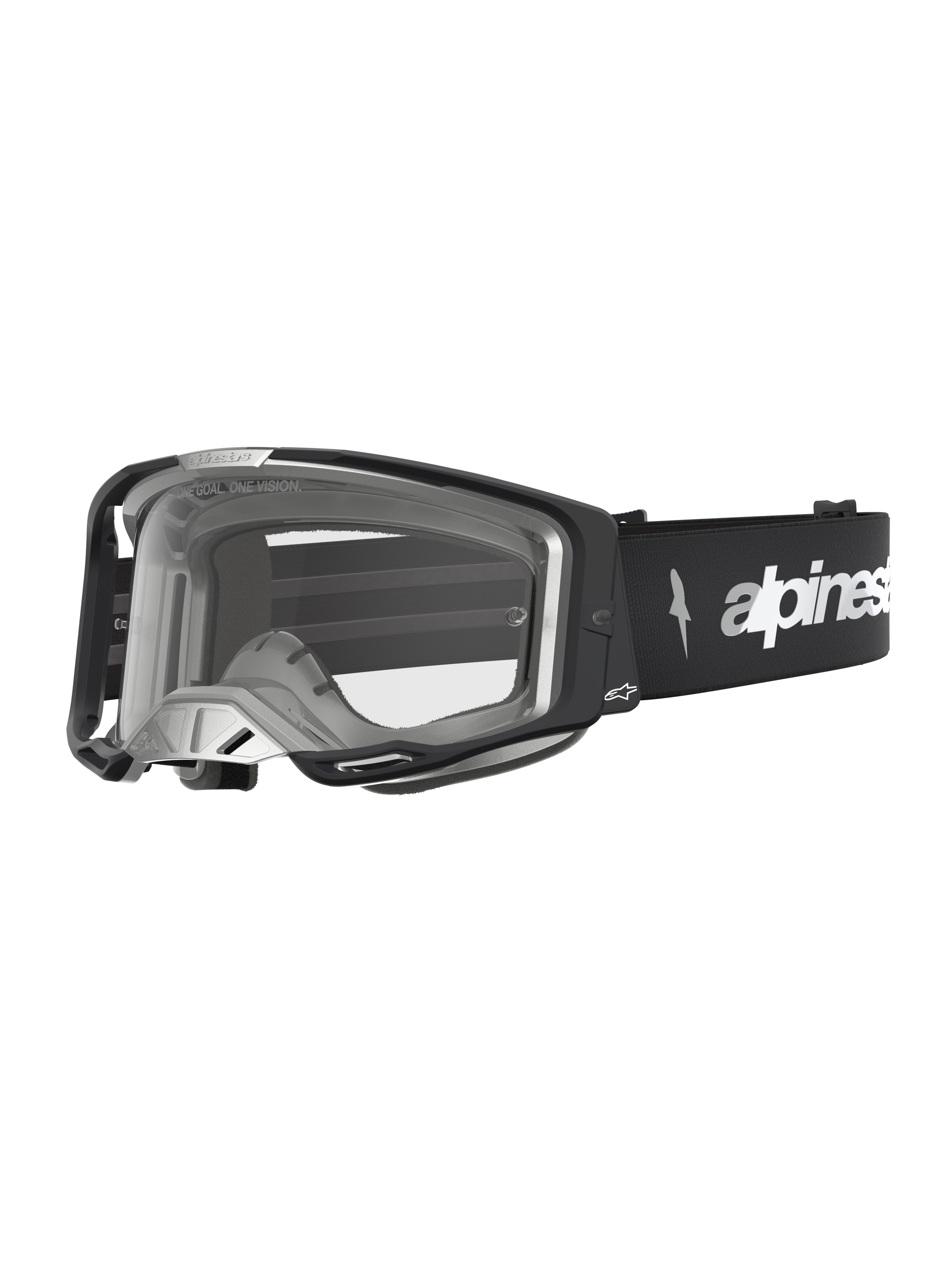 Alpinestars Vision 8 Amber Schutzbrille, Motocross-Schutzbrille für Herren, Schwarz und Silber, klare Scheibe mit RAM-AIR-Belüftungssystem und flexiblem A-FLEX-Rahmen