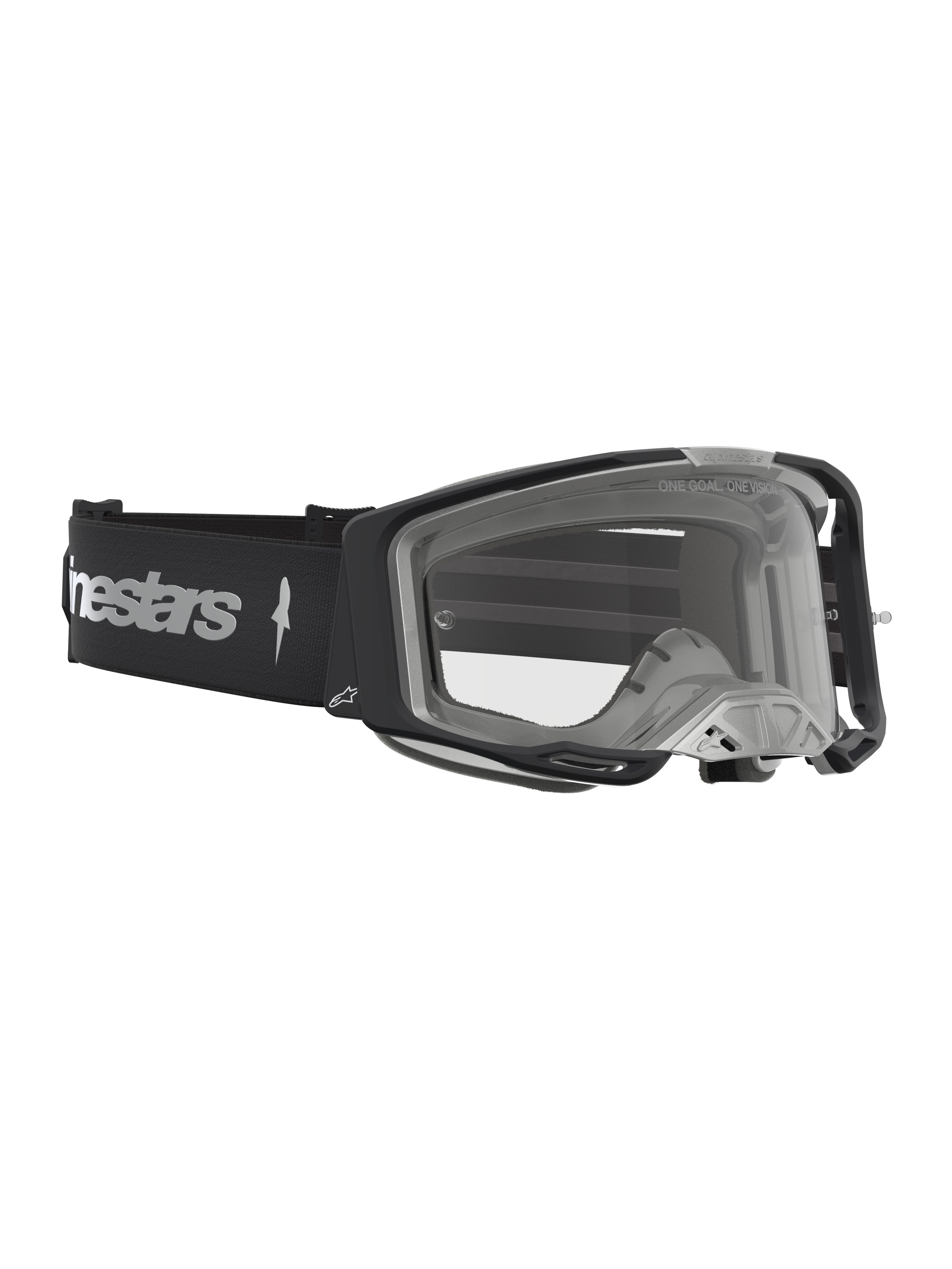 Alpinestars Vision 8 Amber Motocross-Schutzbrille, Schwarz und Silber, A-FLEX-Rahmen mit klarer Scheibe und RAM-AIR-System.