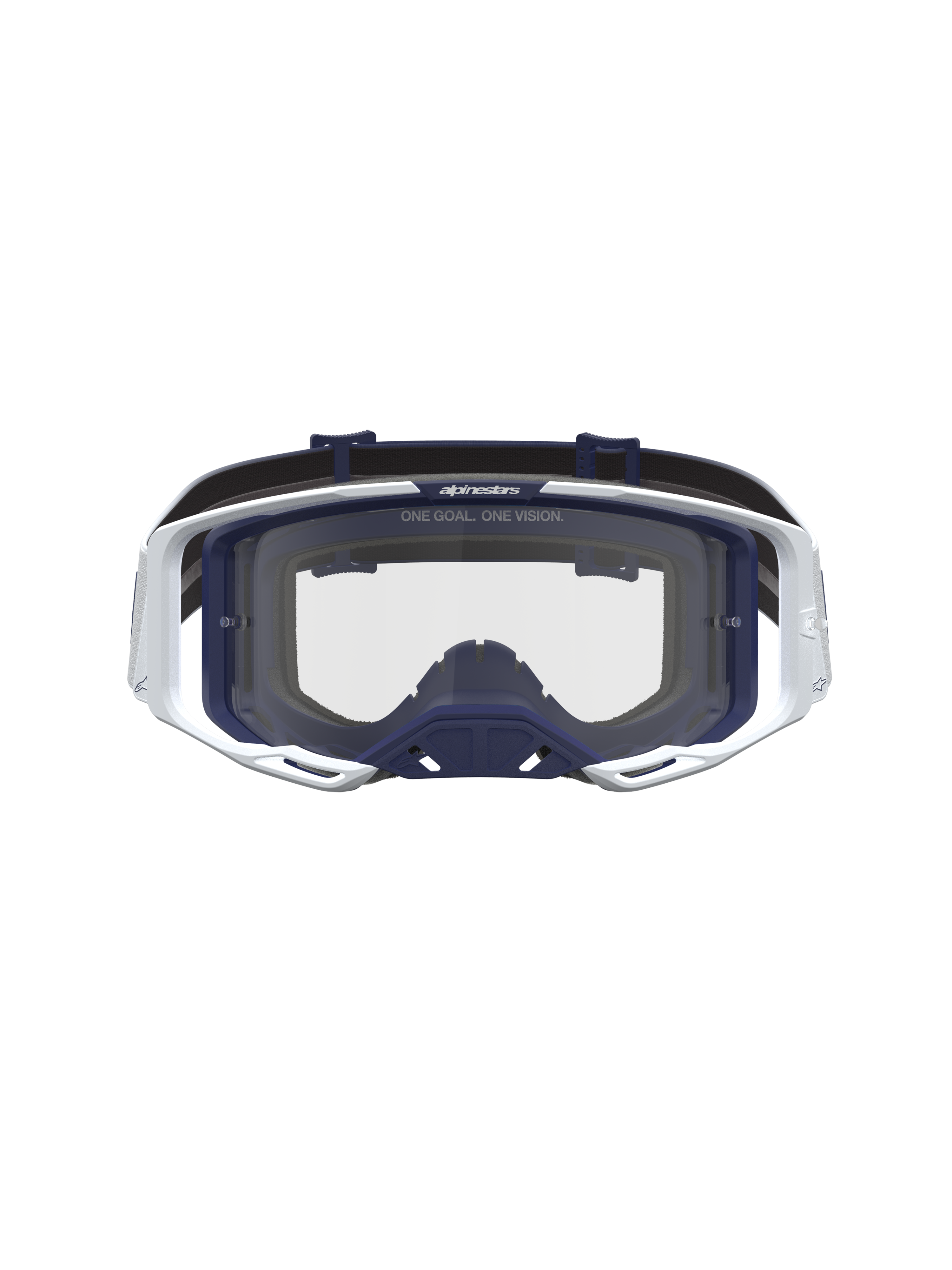 Alpinestars Vision 8 Schutzbrille Amber, Unisex Motocross-Schutzbrille in Weiß und Navy-Blau, A-FLEX Rahmen mit klarer Sichtscheibe und RAM-AIR Belüftungssystem.