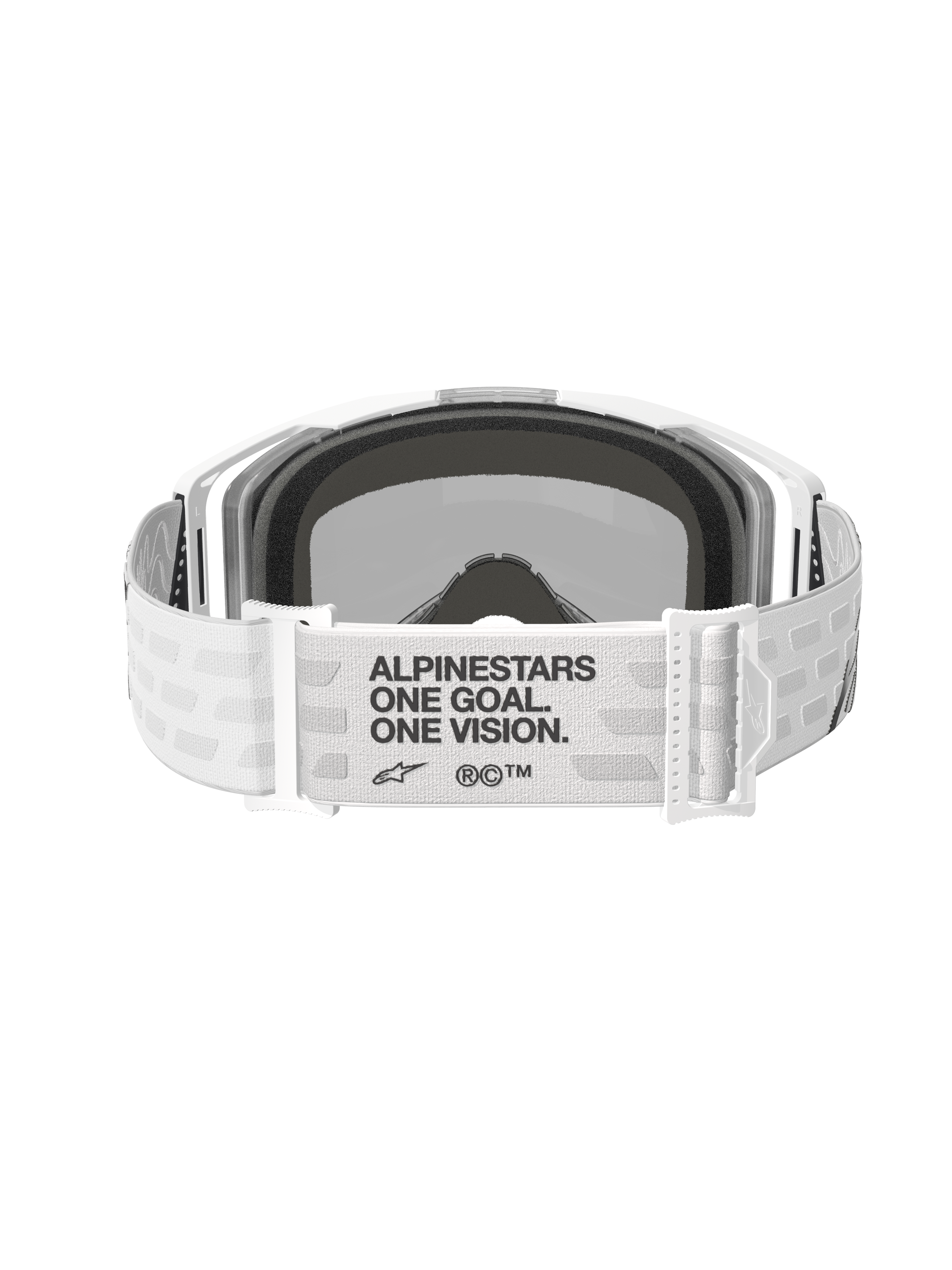 Alpinestars Vision 8 Corp Goggles, Motocross-Brille, Weiß mit Mirror-Silver-Glas, Rückansicht mit breitem weißem Webband und schwarzem „ALPINESTARS ONE GOAL. ONE VISION.“ Schriftzug, verstellbare Schnallen und bequemer Gesichtsschaum, konzipiert für Offroad-Performance