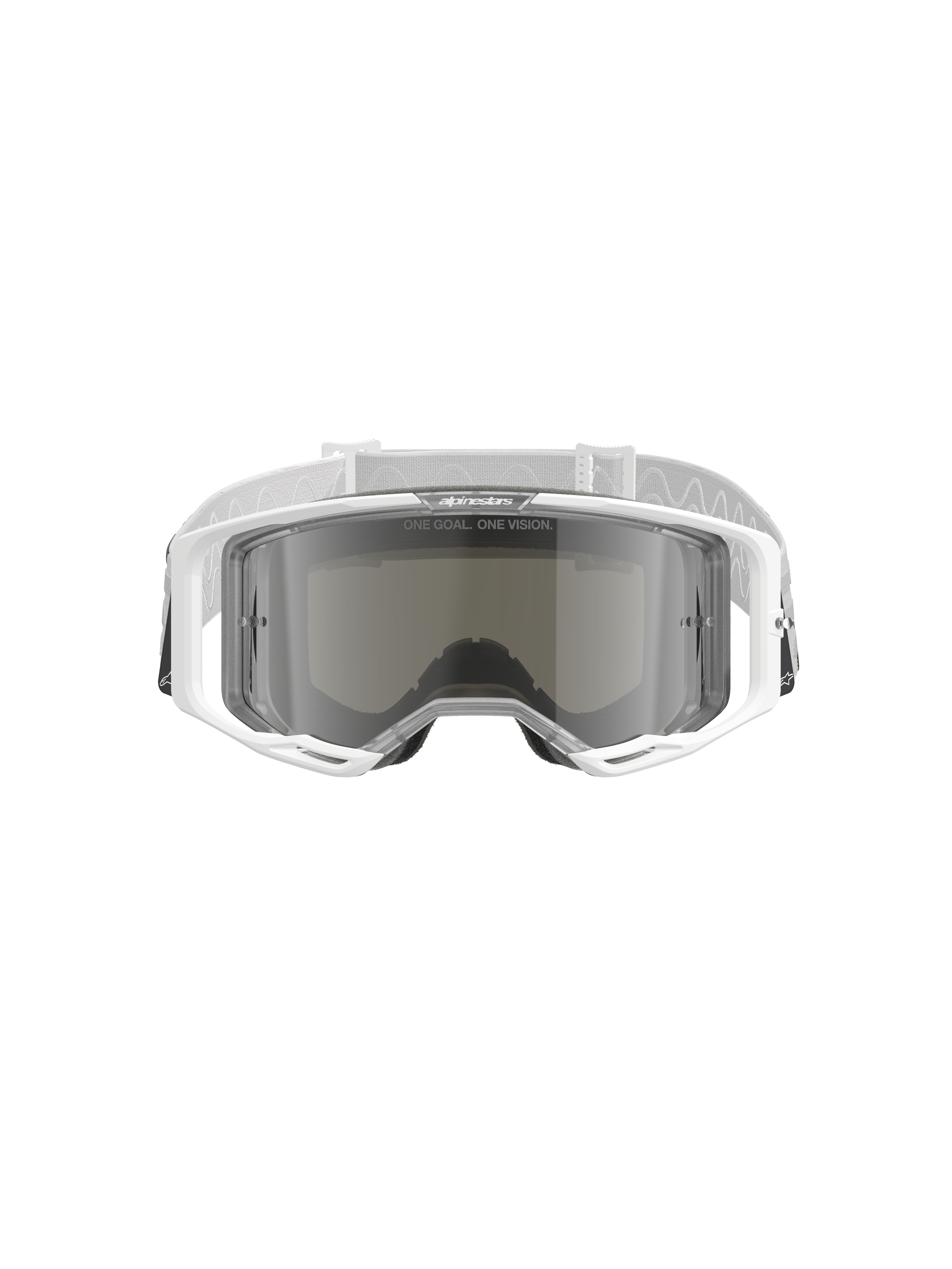 Alpinestars Vision 8 Corp Goggles, Motocross-Brille, Weiß mit verspiegelter silberner Linse, Vorderansicht mit weitwinkeliger Polycarbonat-Linse, RAM-AIR-Belüftungssystem und weißem gewebtem Band mit Branding.