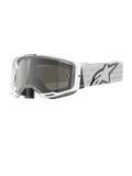 Alpinestars Vision 8 Corp Goggles, Weiße Motocross-Brille, Silbern verspiegelte Linse, Grau und weiß gemustertes Band, Offroad-Rennsportbrille, Gepolstertes Komfort-Innenfutter, Moderner rechteckiger Rahmen