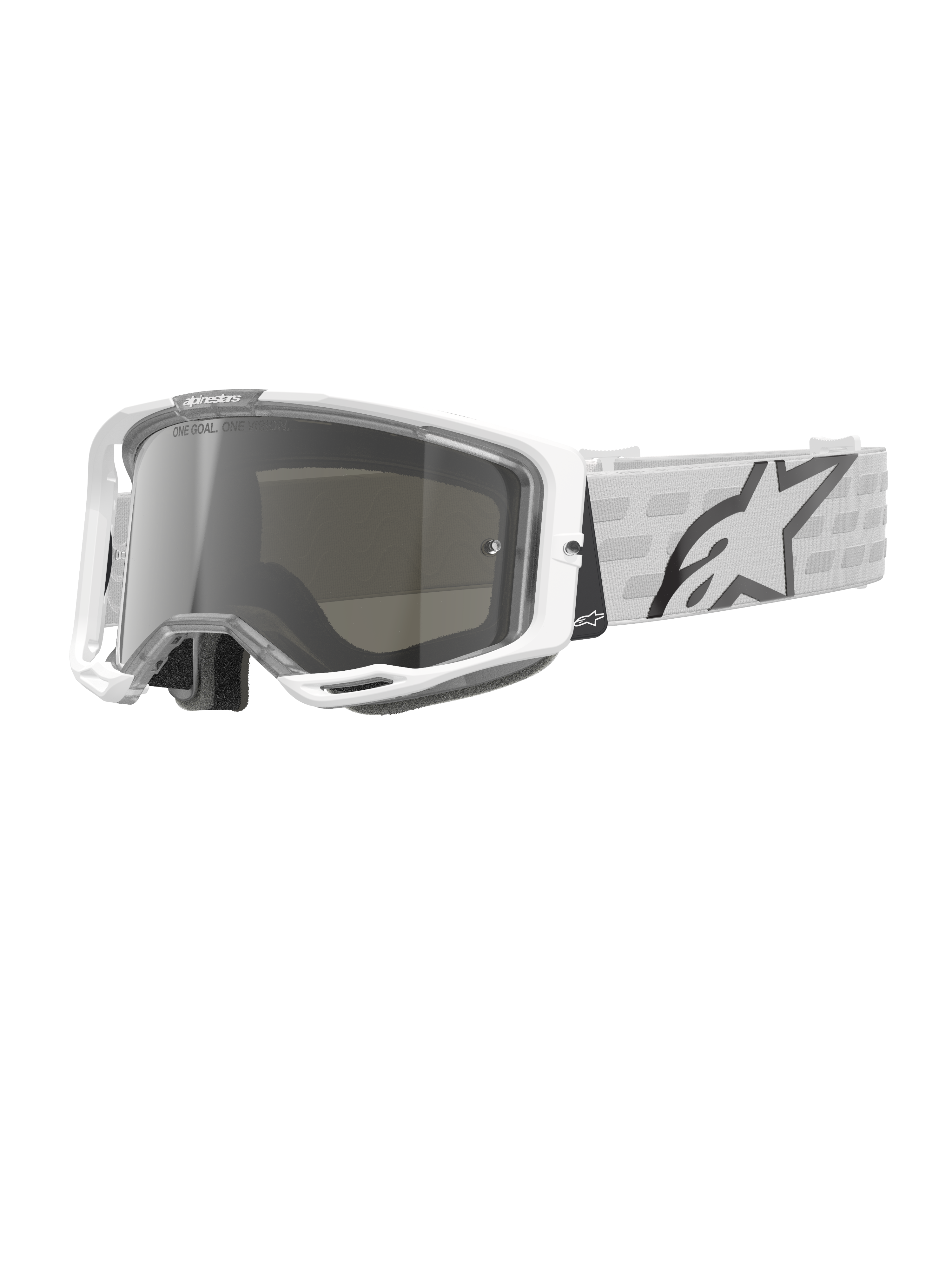 Alpinestars Vision 8 Corp Goggles, Weiße Motocross-Brille, Silbern verspiegelte Linse, Grau und weiß gemustertes Band, Offroad-Rennsportbrille, Gepolstertes Komfort-Innenfutter, Moderner rechteckiger Rahmen