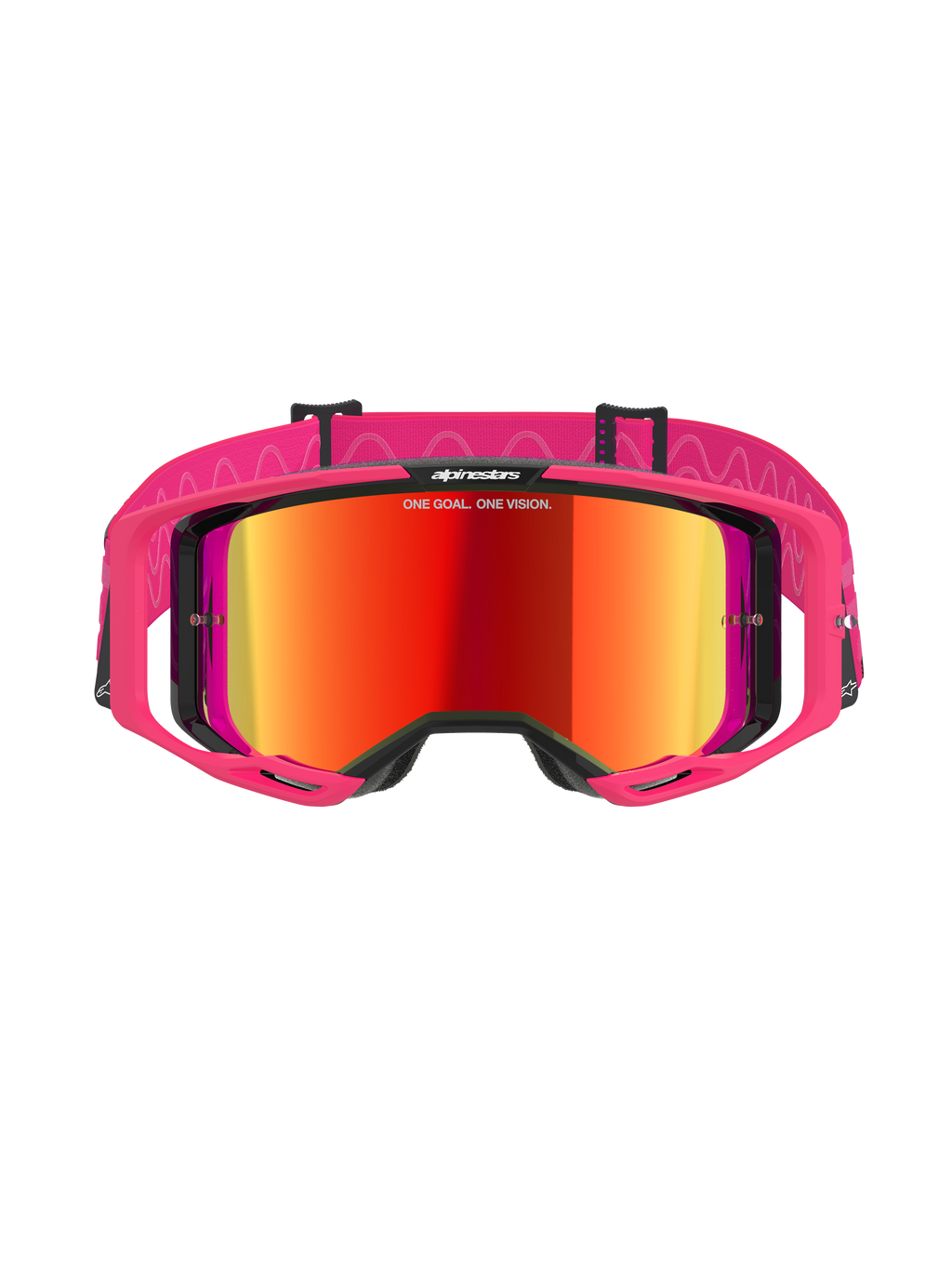 Alpinestars Vision 8 Corp Goggles, Motocross Goggles, Pink Mirror Red, featuring a pink A-FLEX frame and mirrored red lens, pink strap with white wavy patterns and logo, professional off-road racing eyewear