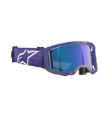 Alpinestars Vision 8 Corp Goggles, Motocross Goggles, Purple Mirror Blue, featuring a purple frame with a mirrored blue anti-fog lens, wide purple strap with bold white Alpinestars logo, high-performance eye protection for off-road racing