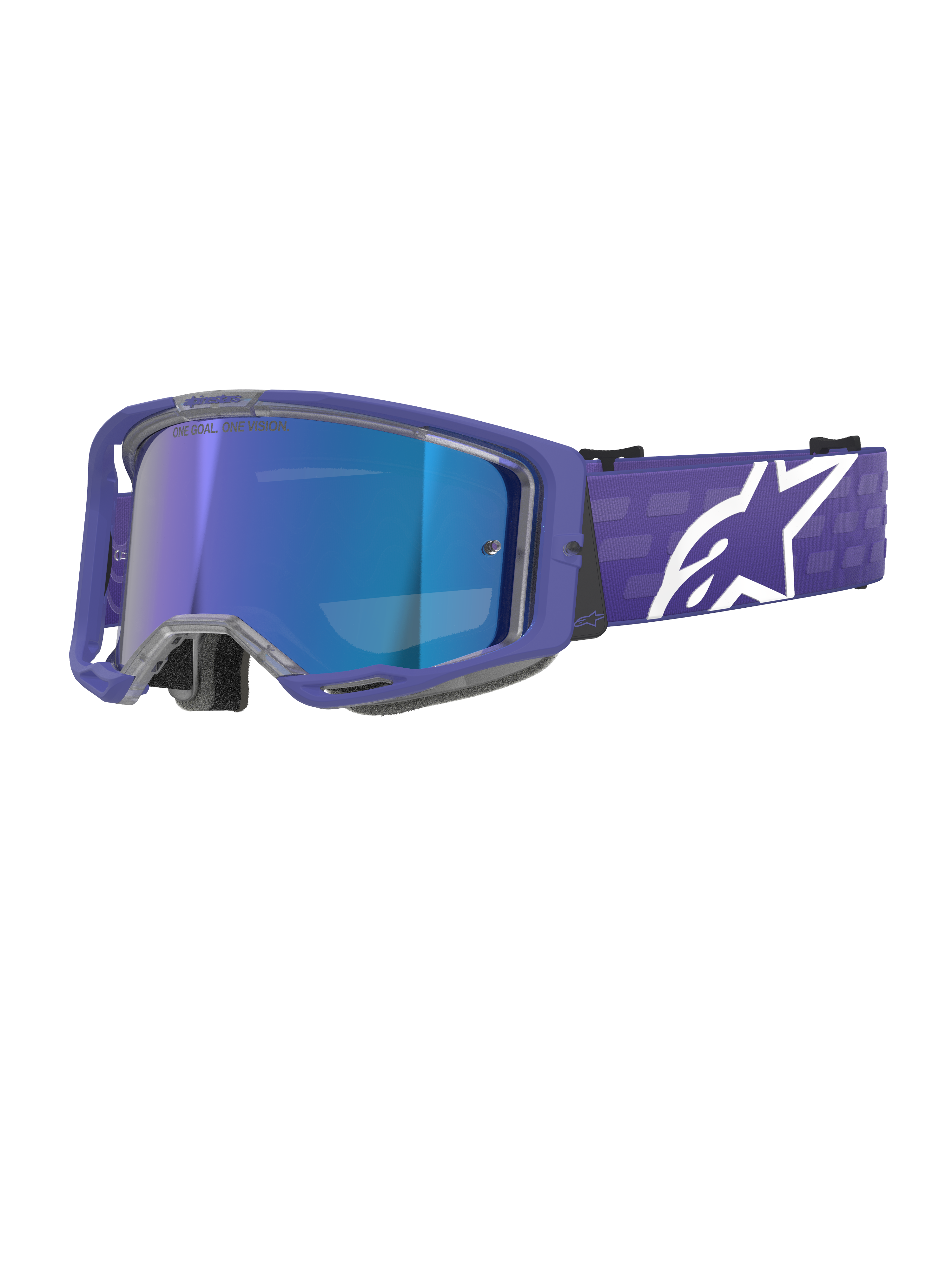 Alpinestars Vision 8 Corp Goggles, Motocross Goggles, Purple and Mirror Blue, Reflective Blue Lens featuring 'One Goal. One Vision.' text, Purple frame with wide strap and white Alpinestars logo, Off-road racing eye protection