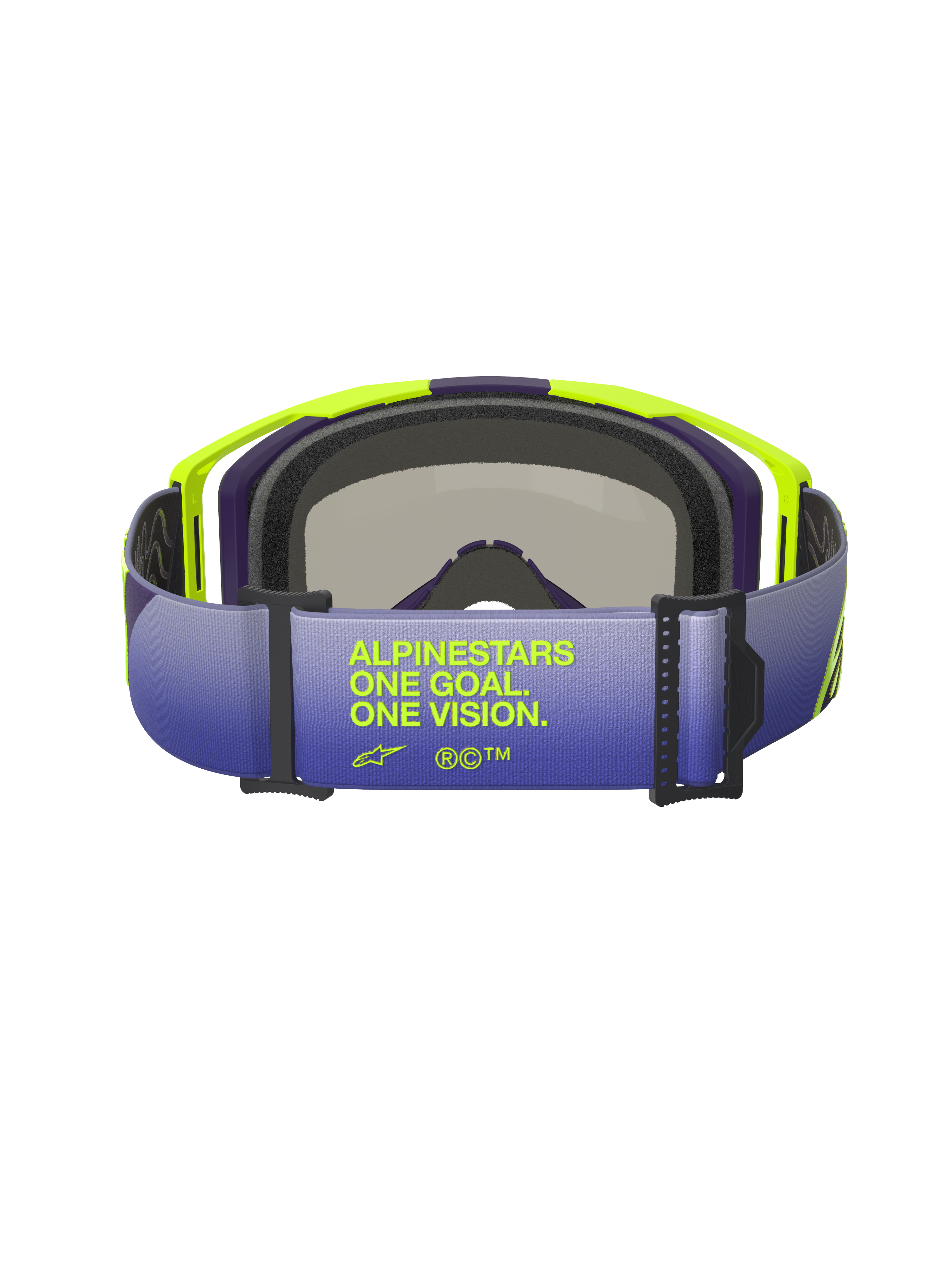 Alpinestars Vision 8 Corp Goggles, rear view focusing on the gradient purple and blue strap, featuring 'ALPINESTARS ONE GOAL. ONE VISION.' text in fluorescent yellow, bright yellow and purple A-FLEX frame with black face foam, professional motocross goggles.