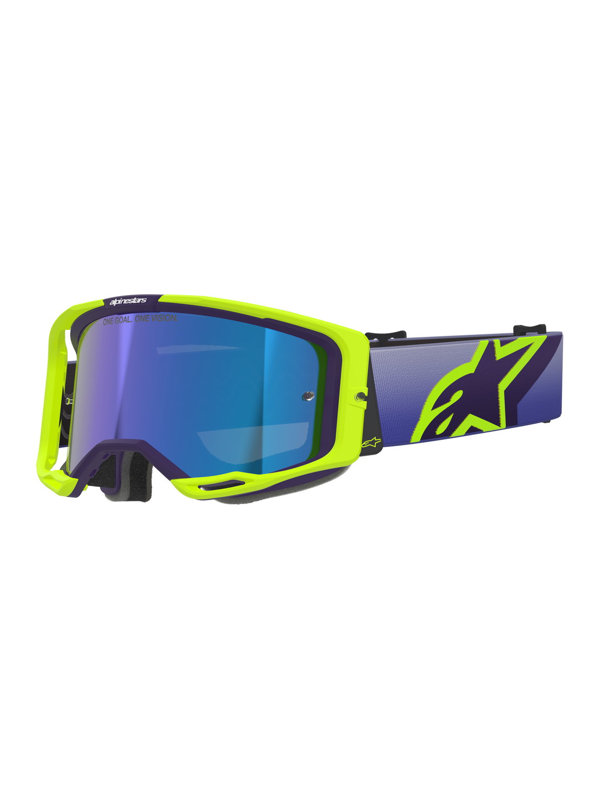 Alpinestars Vision 8 Corp Goggles, Motocross Goggles, Purple and Yellow Fluo frame with Mirror Blue tinted lens, featuring a wide purple strap and bold yellow Alpinestars logo, high-performance eyewear for off-road racing