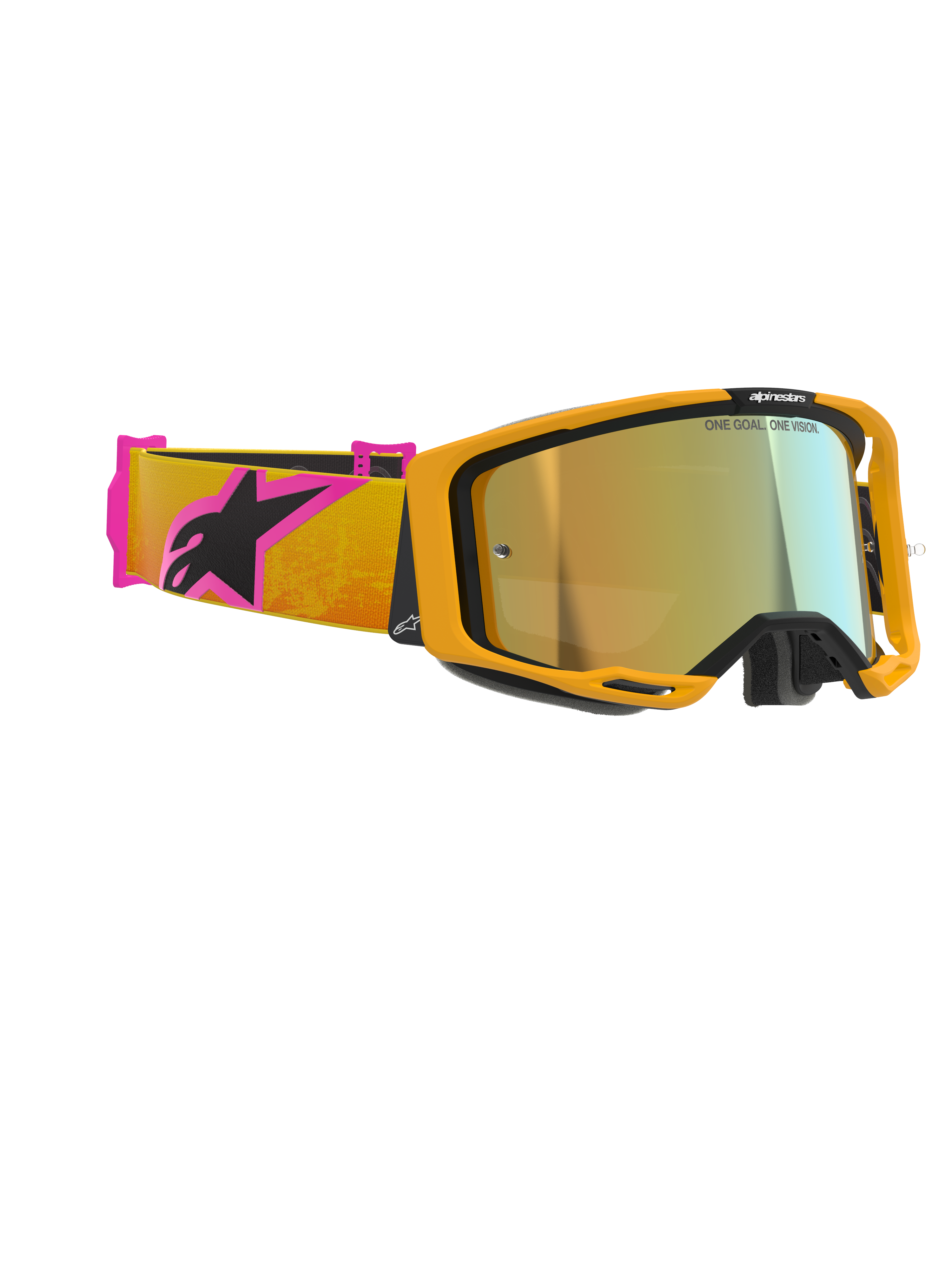 Alpinestars Vision 8 Corp Goggles, Motocross Goggles, Orange frame with Gold Mirror lens, Orange and Pink strap featuring black Alpinestars logo, high-performance design for off-road racing