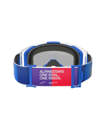 Alpinestars Vision 8 Corp Goggles, Blue White and Mirror Blue, Rear View, blue strap with purple and red central patch featuring "ALPINESTARS ONE GOAL. ONE VISION." text, white and blue frame with black foam padding, Motocross Goggles