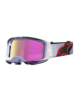 Alpinestars Vision 8 Maven Motocross Goggles in Lavender and Black, featuring a high-performance pink mirror anti-fog lens.