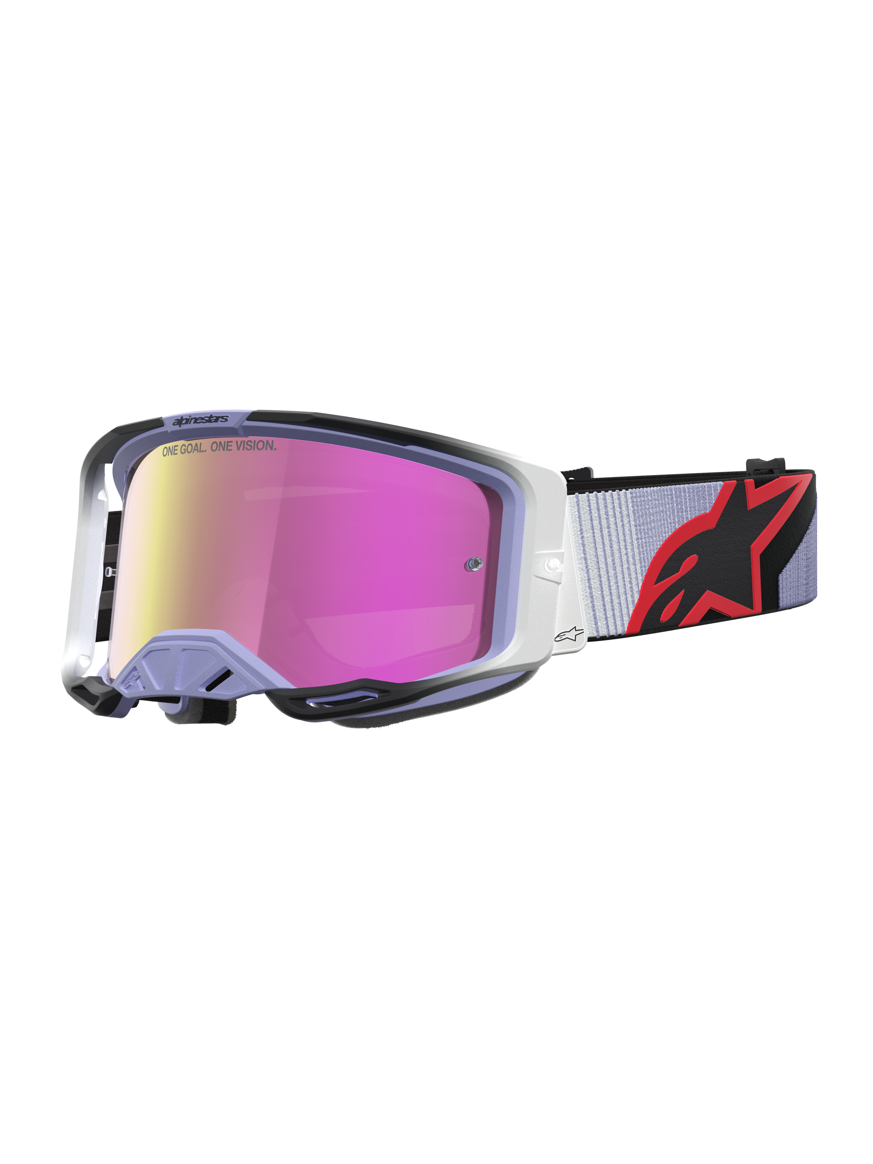 Alpinestars Vision 8 Maven Motocross-Schutzbrille in Lavendel und Schwarz mit pink verspiegelter Anti-Beschlag-Scheibe.