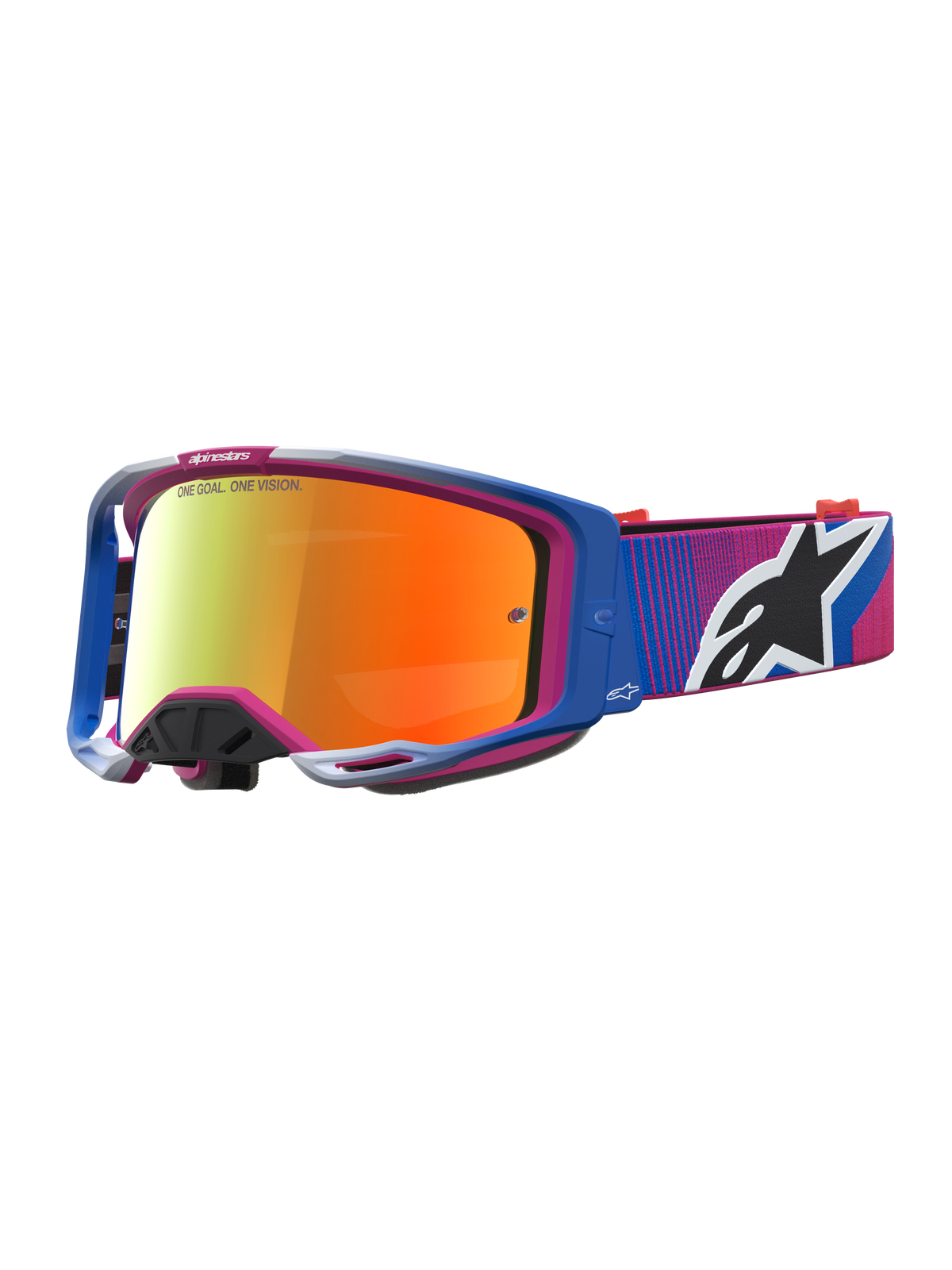 Alpinestars Vision 8 Schutzbrille Maven, Motocross-Brille für Herren, Blau und Pink, rote verspiegelte Gläser, flexible A-FLEX Rahmenkonstruktion.