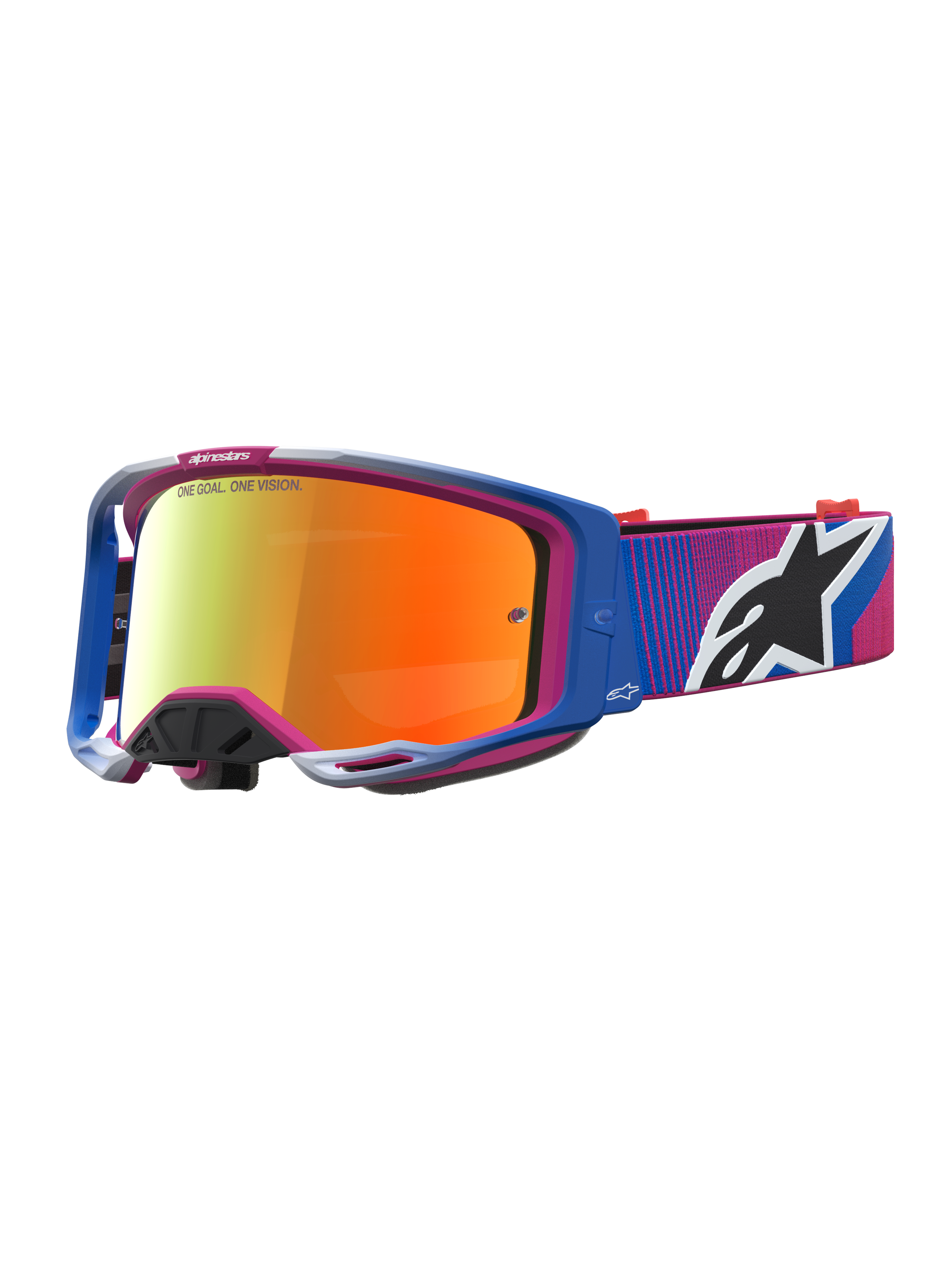 Alpinestars Vision 8 Schutzbrille Maven, Motocross-Brille für Herren, Blau und Pink, rote verspiegelte Gläser, flexible A-FLEX Rahmenkonstruktion.