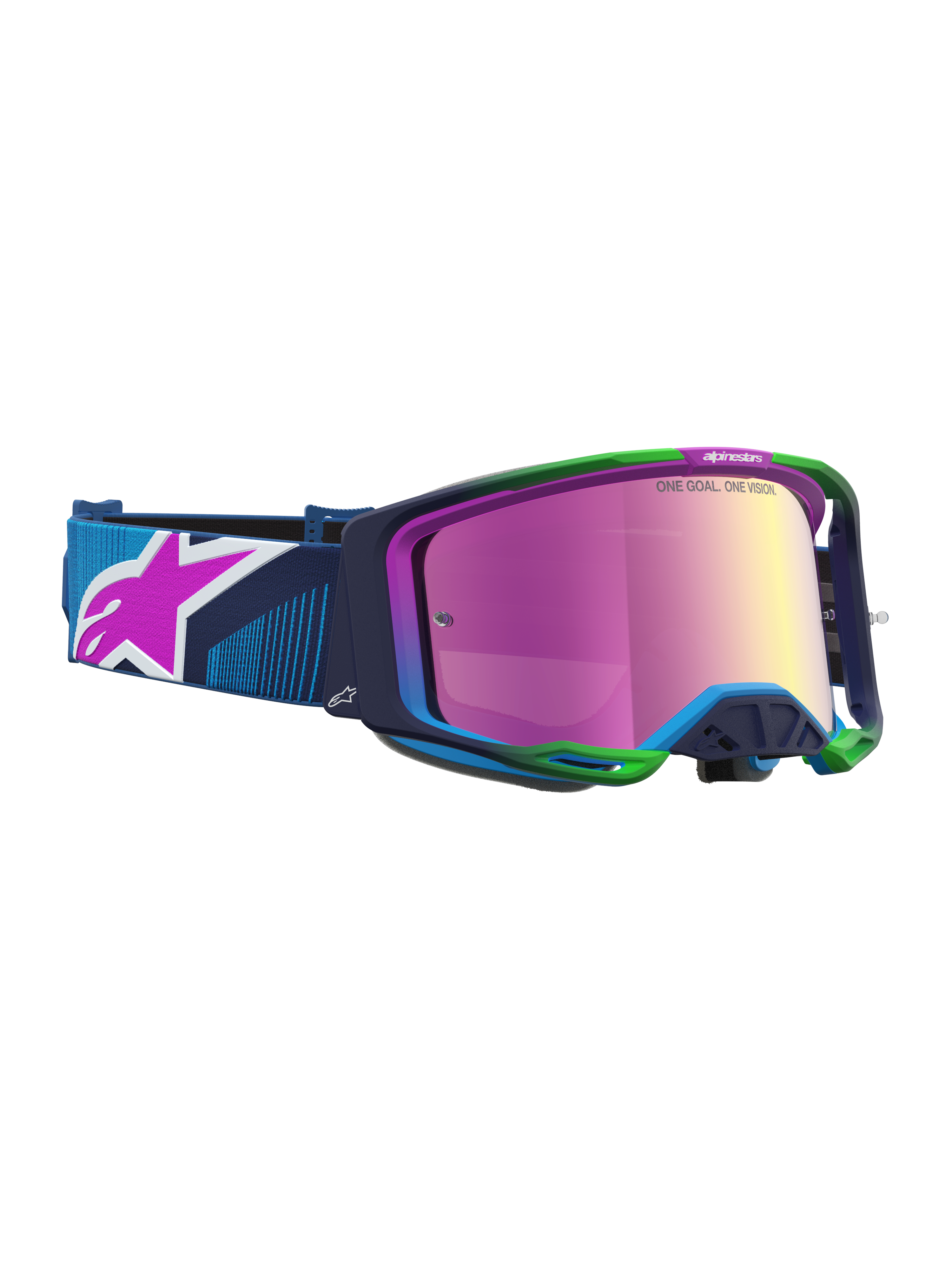 Alpinestars Vision 8 Schutzbrille Maven, Motocross-Schutzbrille, blau-grüner Rahmen, pinke Spiegelscheibe, RAM-AIR-System.