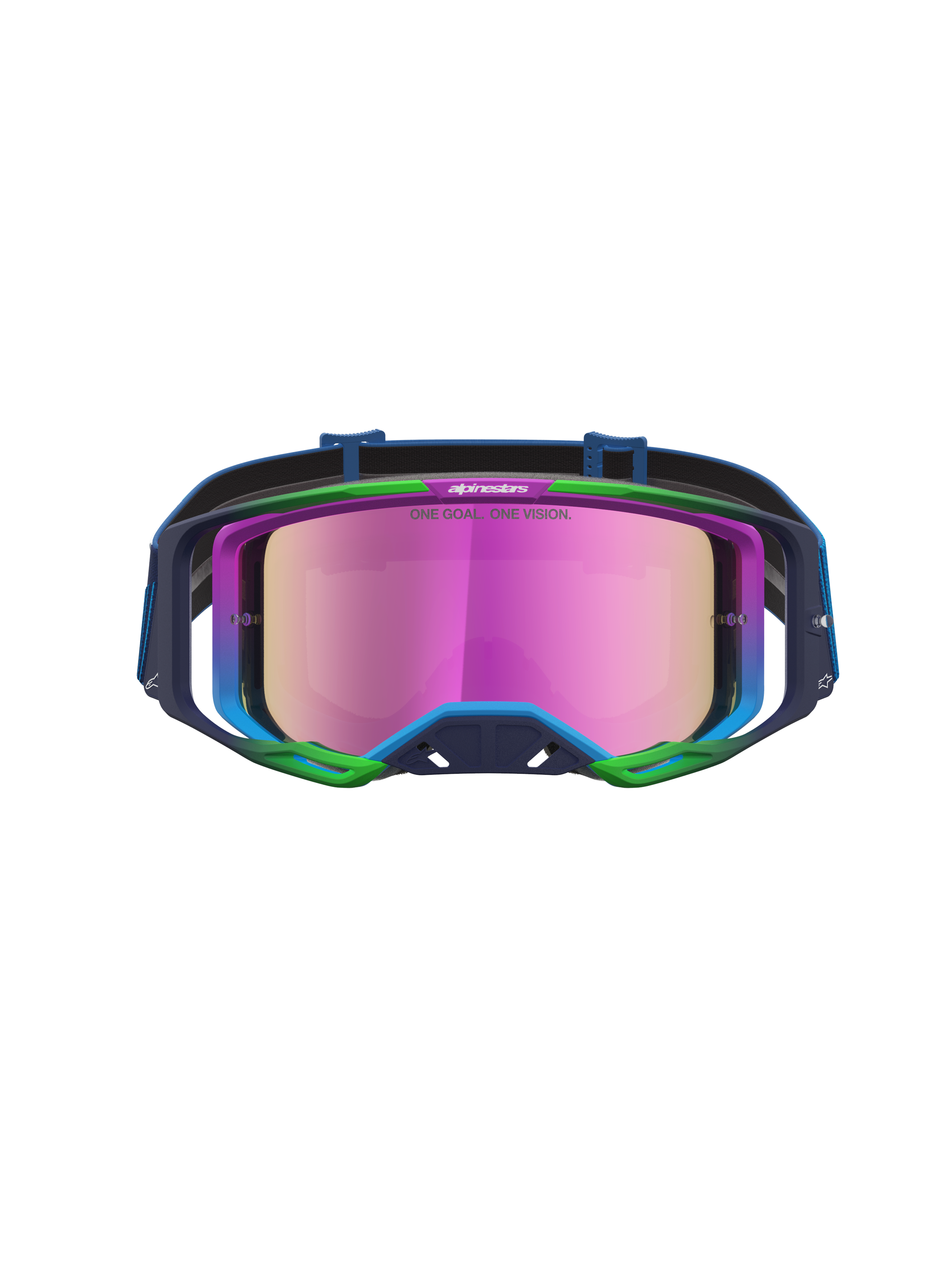 Alpinestars Vision 8 Schutzbrille Maven, Motocross-Schutzbrille, Blau und Grün mit pink verspiegelten Gläsern, A-FLEX Rahmen und RAM-AIR Belüftung.