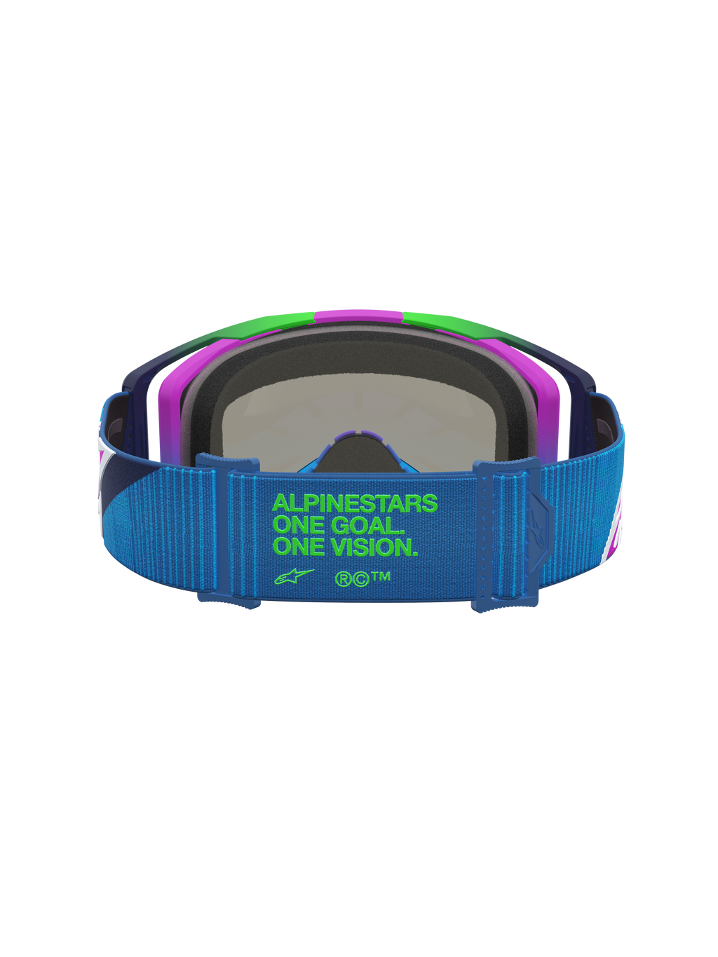 Alpinestars Vision 8 Schutzbrille Maven, Motocross, Blau und Lila, blauer Riemen mit grünem One Goal One Vision Logo.