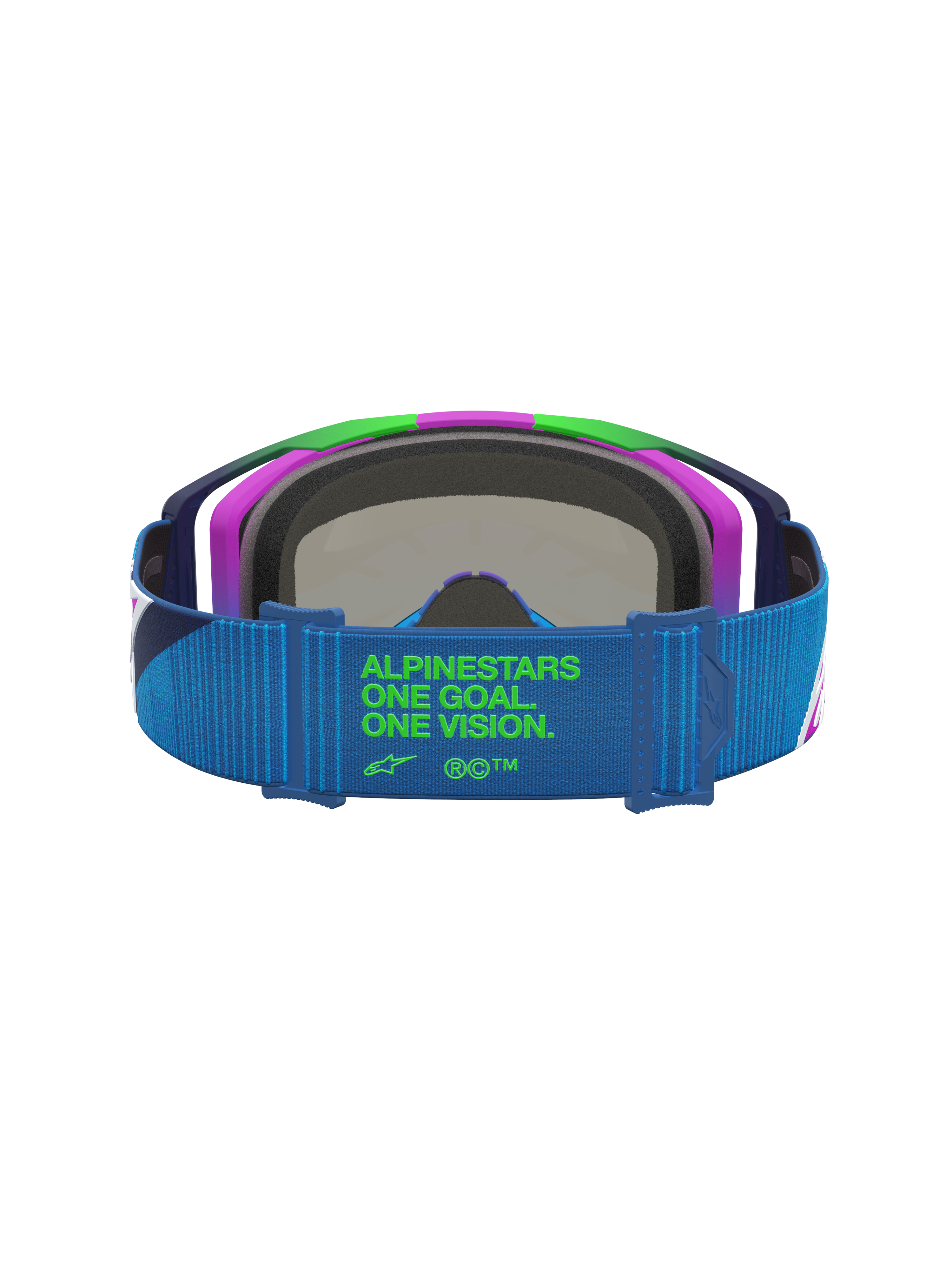 Alpinestars Vision 8 Schutzbrille Maven, Motocross, Blau und Lila, blauer Riemen mit grünem One Goal One Vision Logo.
