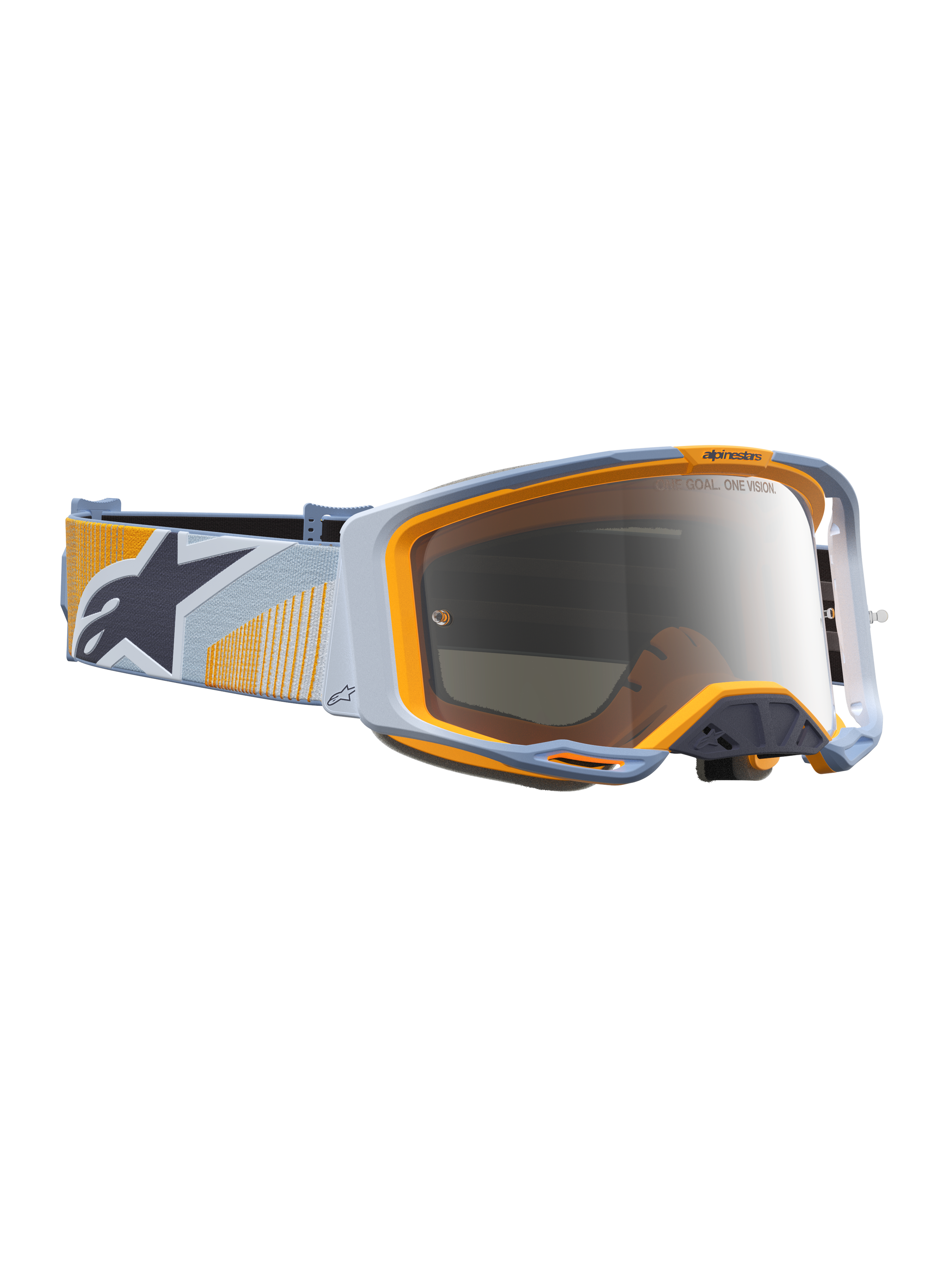 Alpinestars Vision 8 Schutzbrille Maven, Motocross-Brille, Staubblau und Orange, silber verspiegelte Scheibe, A-FLEX-Rahmen.