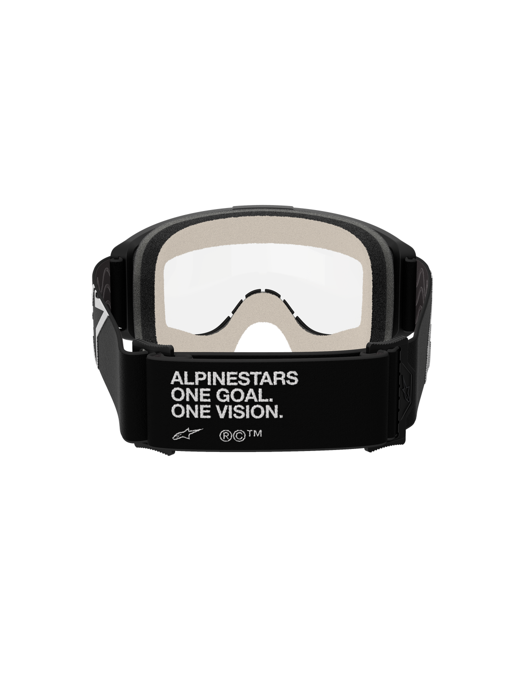 Alpinestars Vision 5 Corp Goggles, Motocross Goggles, Black and Clear, rear view showing the black strap with white 'ALPINESTARS ONE GOAL. ONE VISION.' branding, light grey face foam, and clear anti-fog lens.
