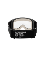 Alpinestars Vision 5 Corp Goggles, Motocross Goggles, Black and Clear, rear view showing the black strap with white 'ALPINESTARS ONE GOAL. ONE VISION.' branding, light grey face foam, and clear anti-fog lens.