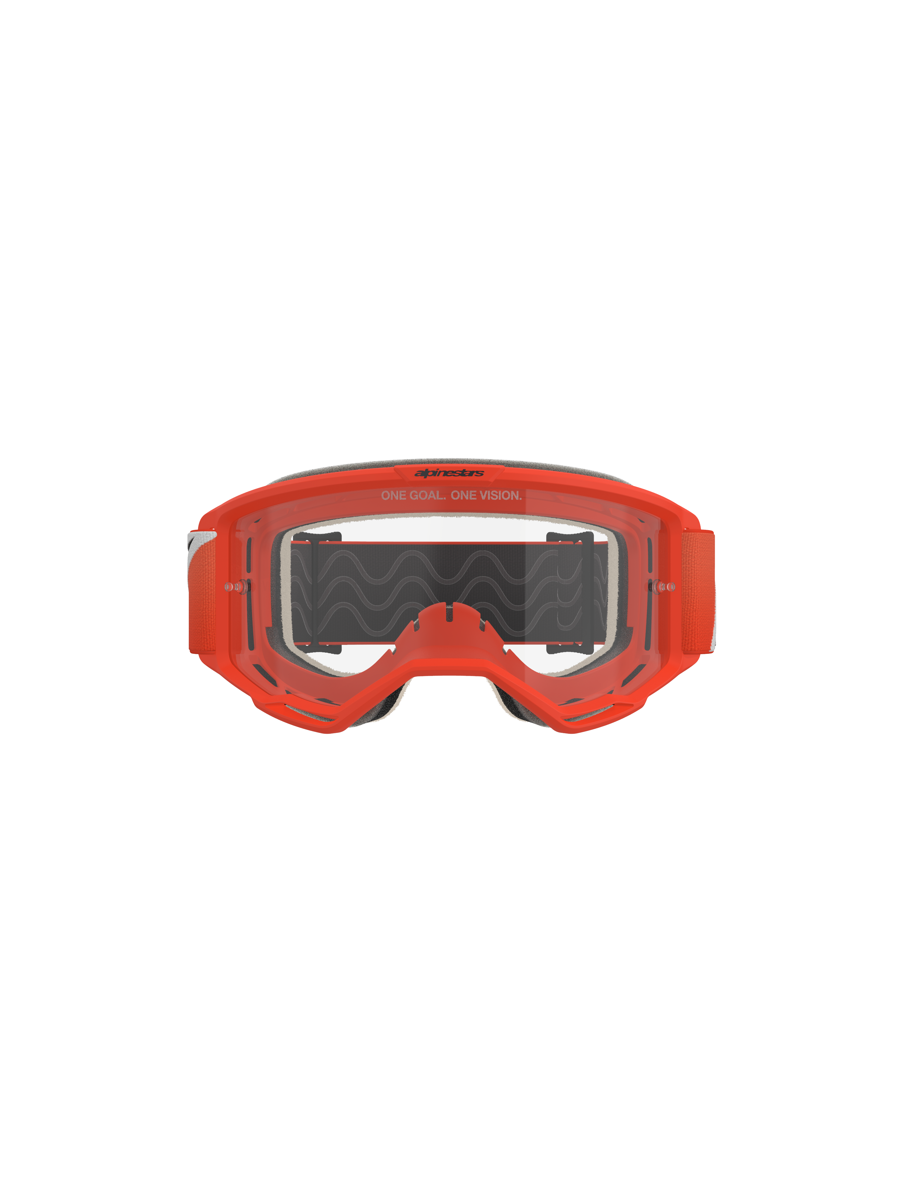 Alpinestars Vision 5 Corp Goggles, Motocross-Brille, Orange mit klarer Linse, Vorderansicht mit leuchtend orangem Rahmen, transparente Anti-Beschlag-Linse mit „One Goal. One Vision.“-Branding, grauer Gesichtsschaum und schwarzes Band mit wellenförmiger Silikon-Haftung.