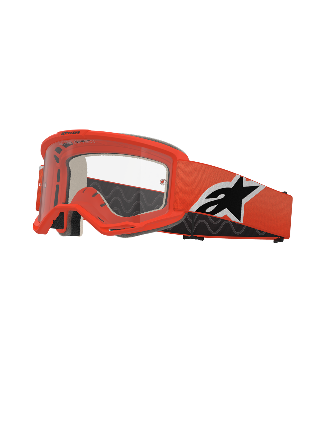 Alpinestars Vision 5 Corp Brille, Motocross-Schutzbrille, Leuchtendes Orange mit klarer Linse, oranges Band mit schwarz-weißem Alpinestars-Logo, dicke schwarze Schaumstoffpolsterung, RAM-AIR-Belüftungsschlitze, aerodynamisches Design für den Offroad-Rennsport