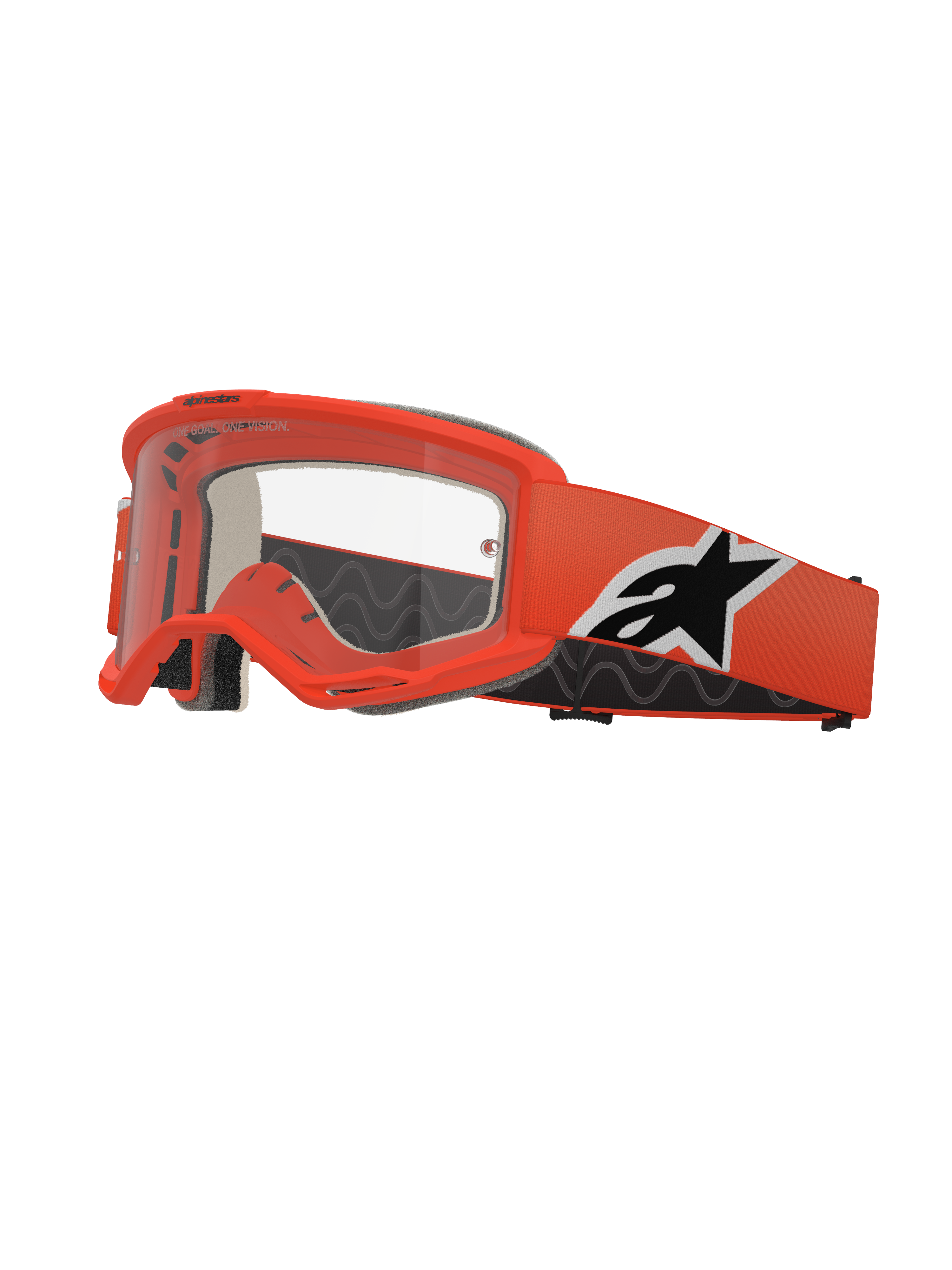 Alpinestars Vision 5 Corp Brille, Motocross-Schutzbrille, Leuchtendes Orange mit klarer Linse, oranges Band mit schwarz-weißem Alpinestars-Logo, dicke schwarze Schaumstoffpolsterung, RAM-AIR-Belüftungsschlitze, aerodynamisches Design für den Offroad-Rennsport