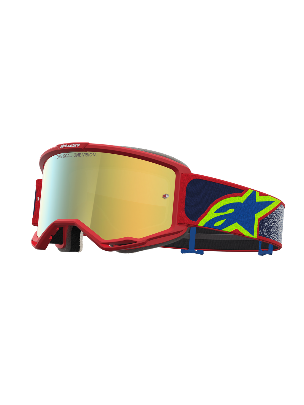 Alpinestars Vision 5 Schutzbrille Drag, Motocross-Rennbrille, roter Rahmen, gold verspiegelte Gläser, blauer Riemen mit Stern-Logo.