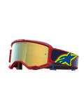 Alpinestars Vision 5 Drag Goggles, Motocross Racing Goggles, Red Frame with Gold Mirror Lens and Blue Star Logo Strap.