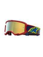 Alpinestars Vision 5 Schutzbrille Drag, Motocross-Rennbrille, roter Rahmen, gold verspiegelte Gläser, blauer Riemen mit Stern-Logo.