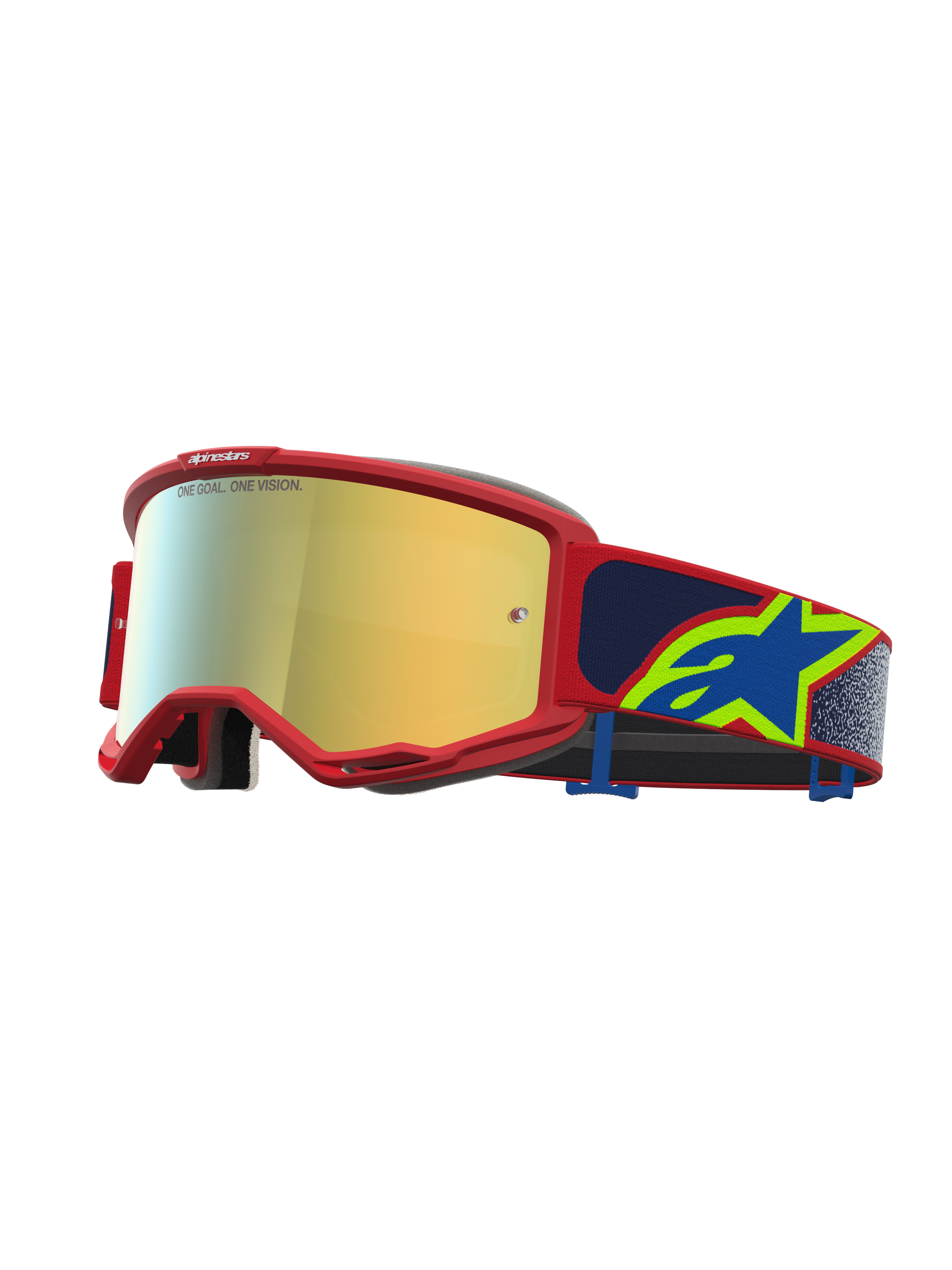 Alpinestars Vision 5 Drag Goggles, Motocross Racing Goggles, Red Frame with Gold Mirror Lens and Blue Star Logo Strap.