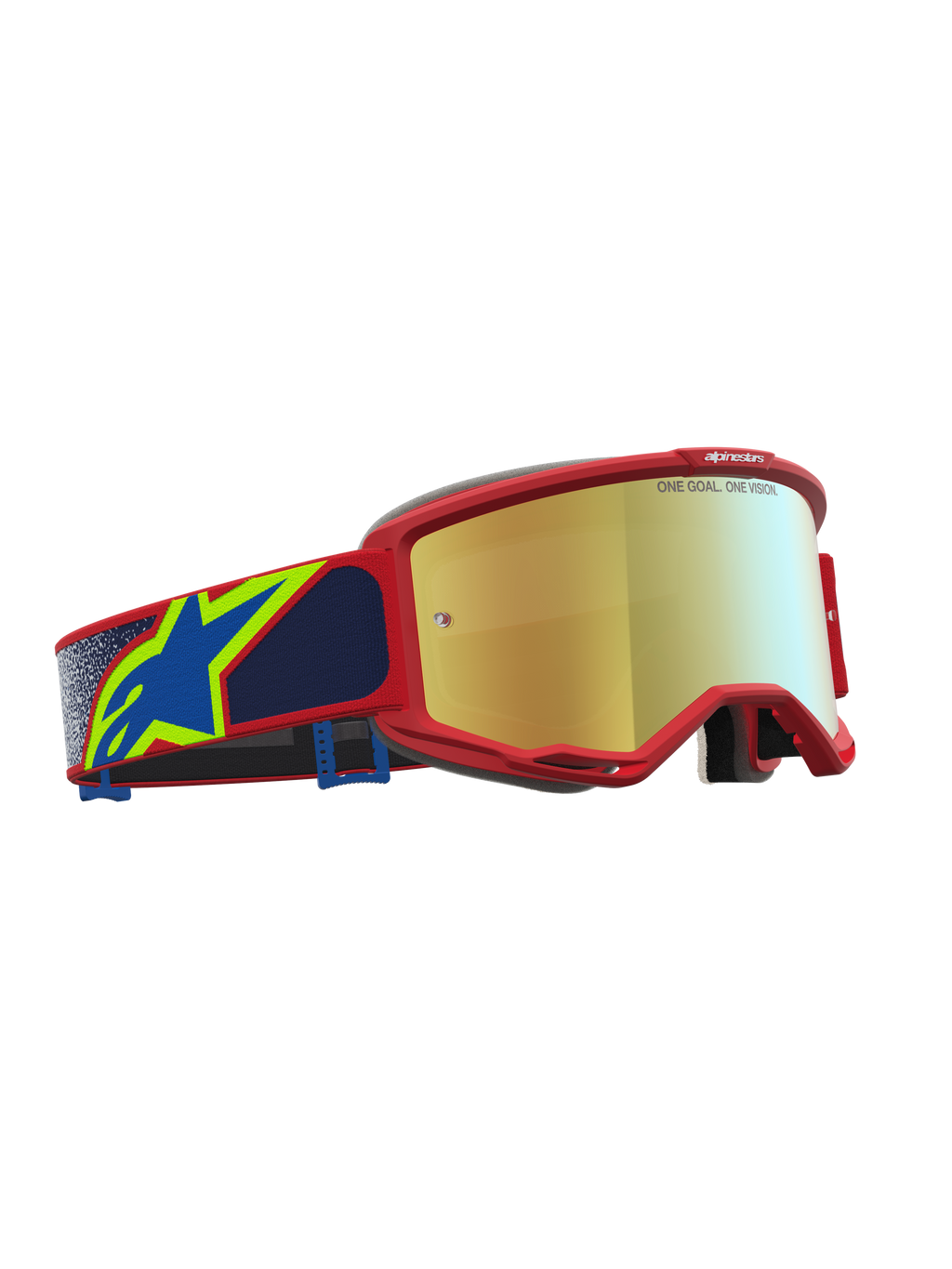 Alpinestars Vision 5 Schutzbrille Drag, Motocross-Schutzbrille mit rotem A-FLEX Urethanrahmen, gold verspiegelte Linse, blaues Band mit Logo, Offroad-Sport