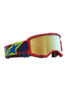 Alpinestars Vision 5 Schutzbrille Drag, Motocross-Schutzbrille mit rotem A-FLEX Urethanrahmen, gold verspiegelte Linse, blaues Band mit Logo, Offroad-Sport