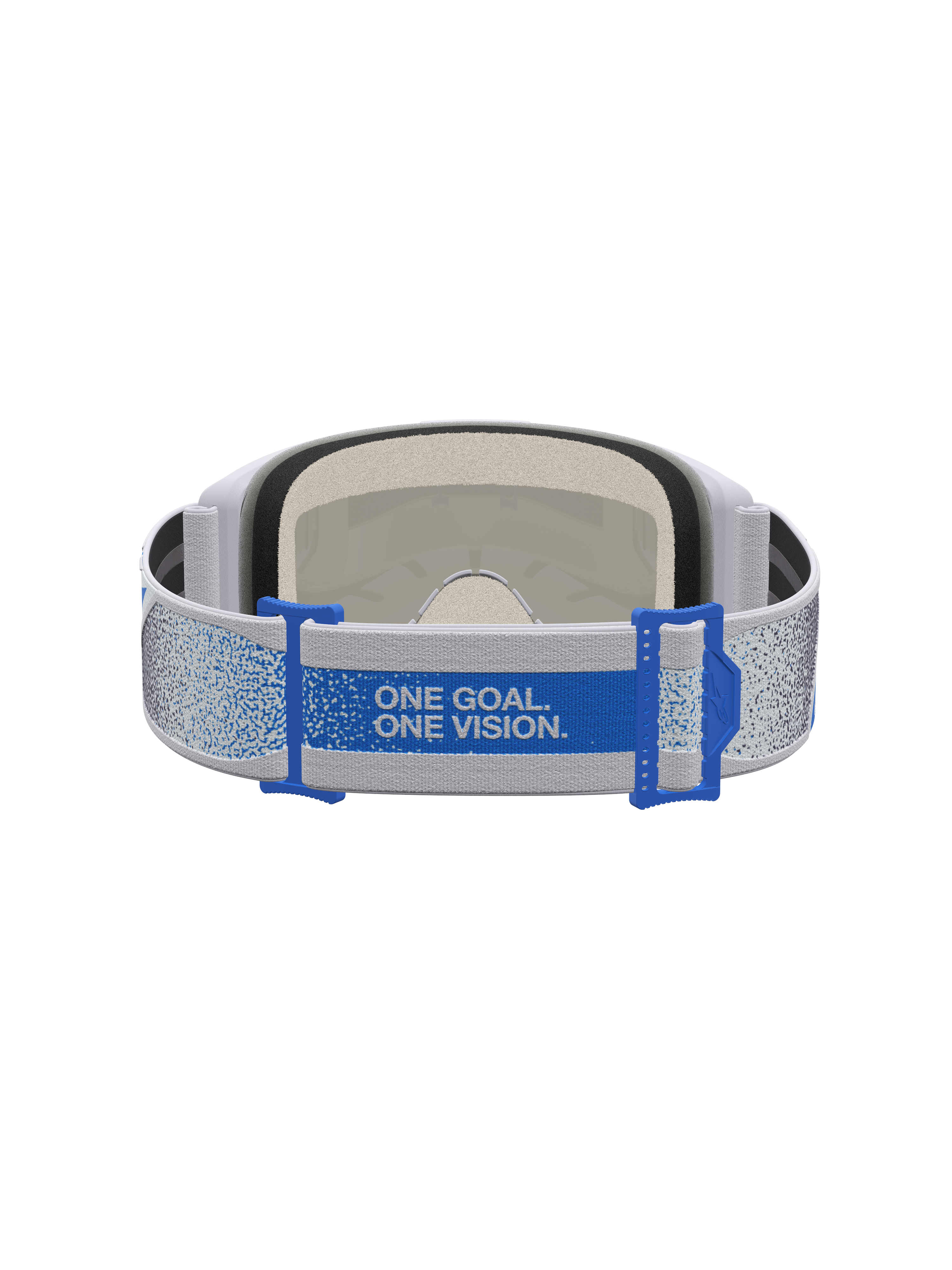 Alpinestars Vision 5 Schutzbrille Drag, Motocross-Schutzbrille, Blau und Helllila, Rückansicht mit „One Goal. One Vision.“ Slogan auf dem Brillenband.