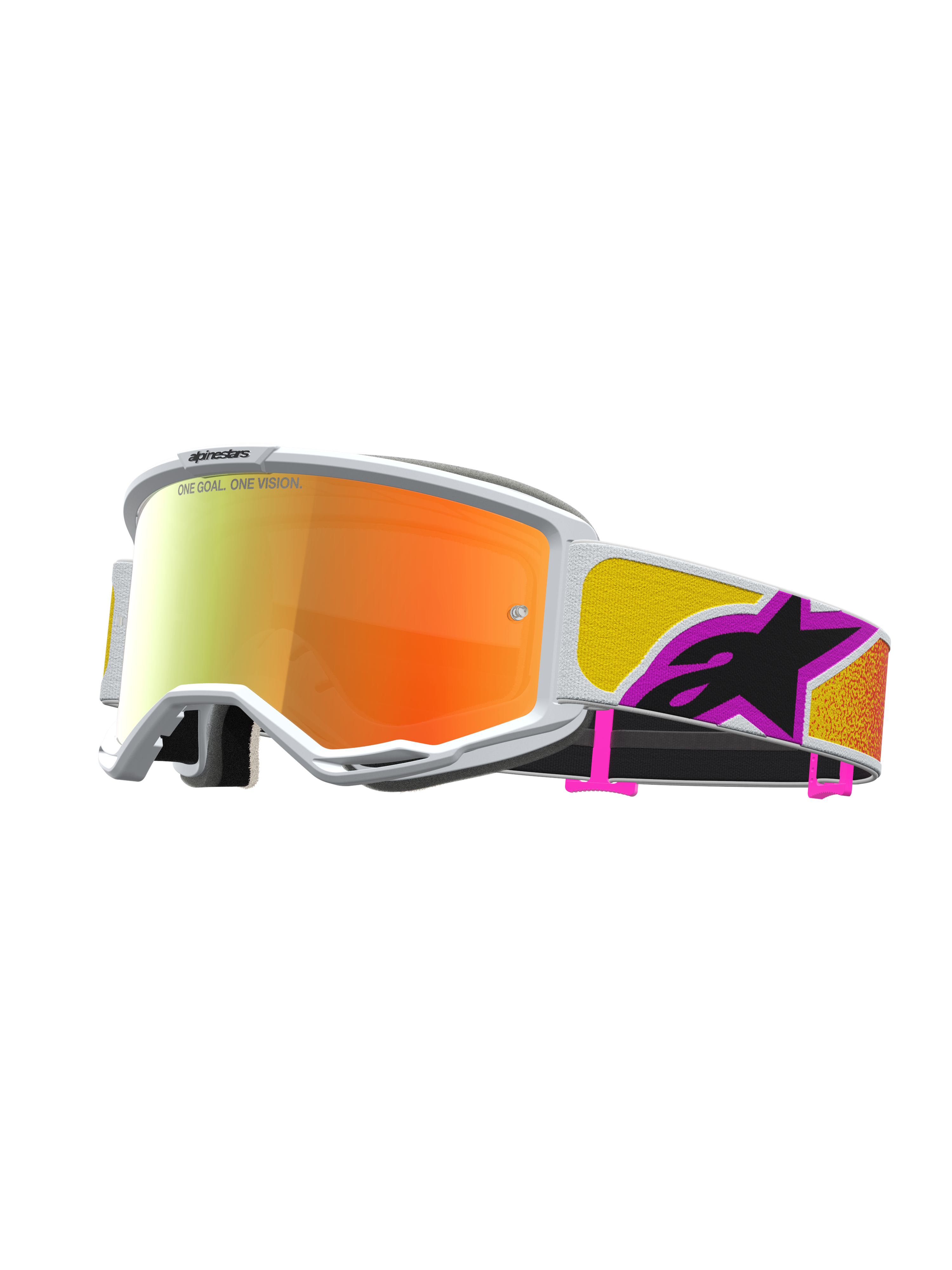 Alpinestars Vision 5 Schutzbrille Drag, Motocross-Brille mit orange-roter Verspiegelung, weißem Rahmen und RAM-AIR Belüftung.