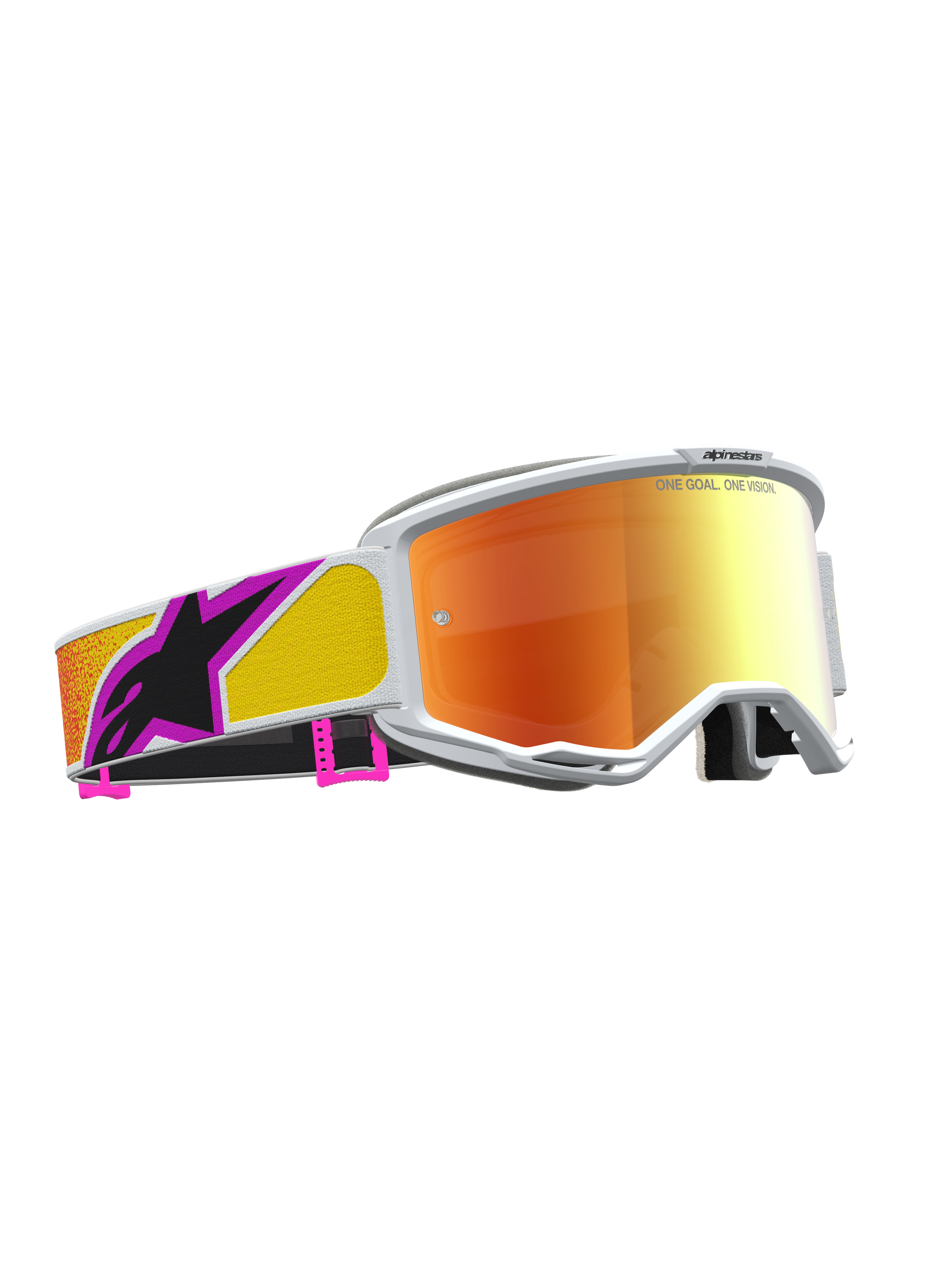 Alpinestars Vision 5 Schutzbrille Drag für Motocross, Orange und Rot verspiegelt, weißer A-FLEX-Rahmen.
