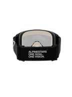 Alpinestars Vision 5 Corp Brille, Motocross-Brille, Rückansicht, mit schwarzem gewebtem Gurt und weißem 'ALPINESTARS ONE GOAL. ONE VISION.' Slogan, 17 mm mehrlagiger Gesichtsschaum, von innen sichtbares silber verspiegeltes Glas, für sicheren Sitz und Offroad-Performance