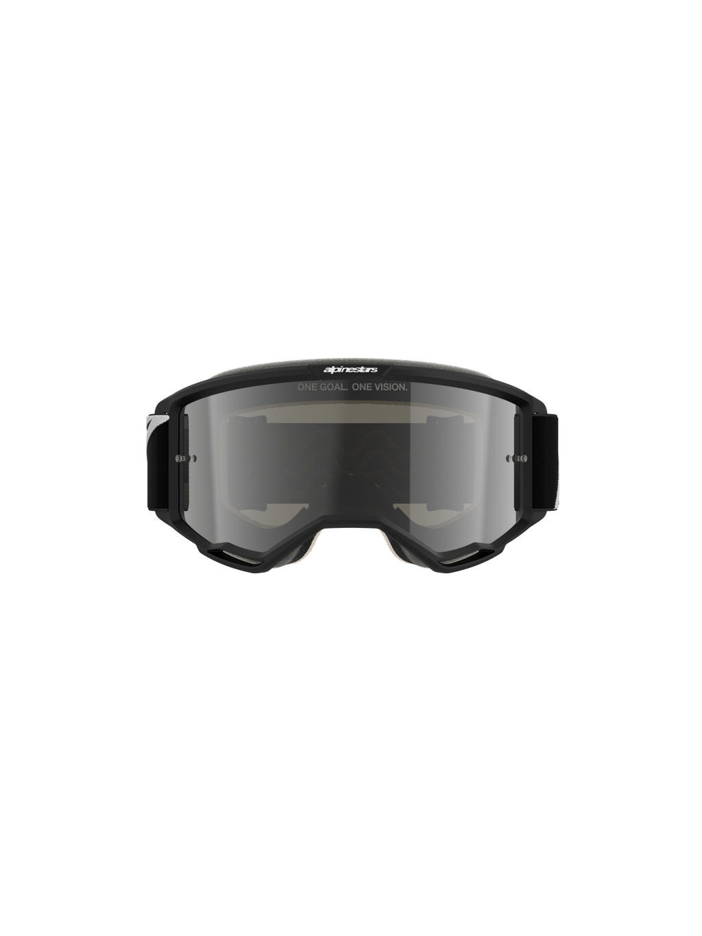 Alpinestars Vision 5 Corp Goggles, Motocross-Brille, Schwarz mit silber verspiegelter Linse, Frontansicht mit dem Schriftzug „ONE GOAL. ONE VISION.“ und Alpinestars-Logo, schlankes Design für Offroad- und Motocross-Rennsport