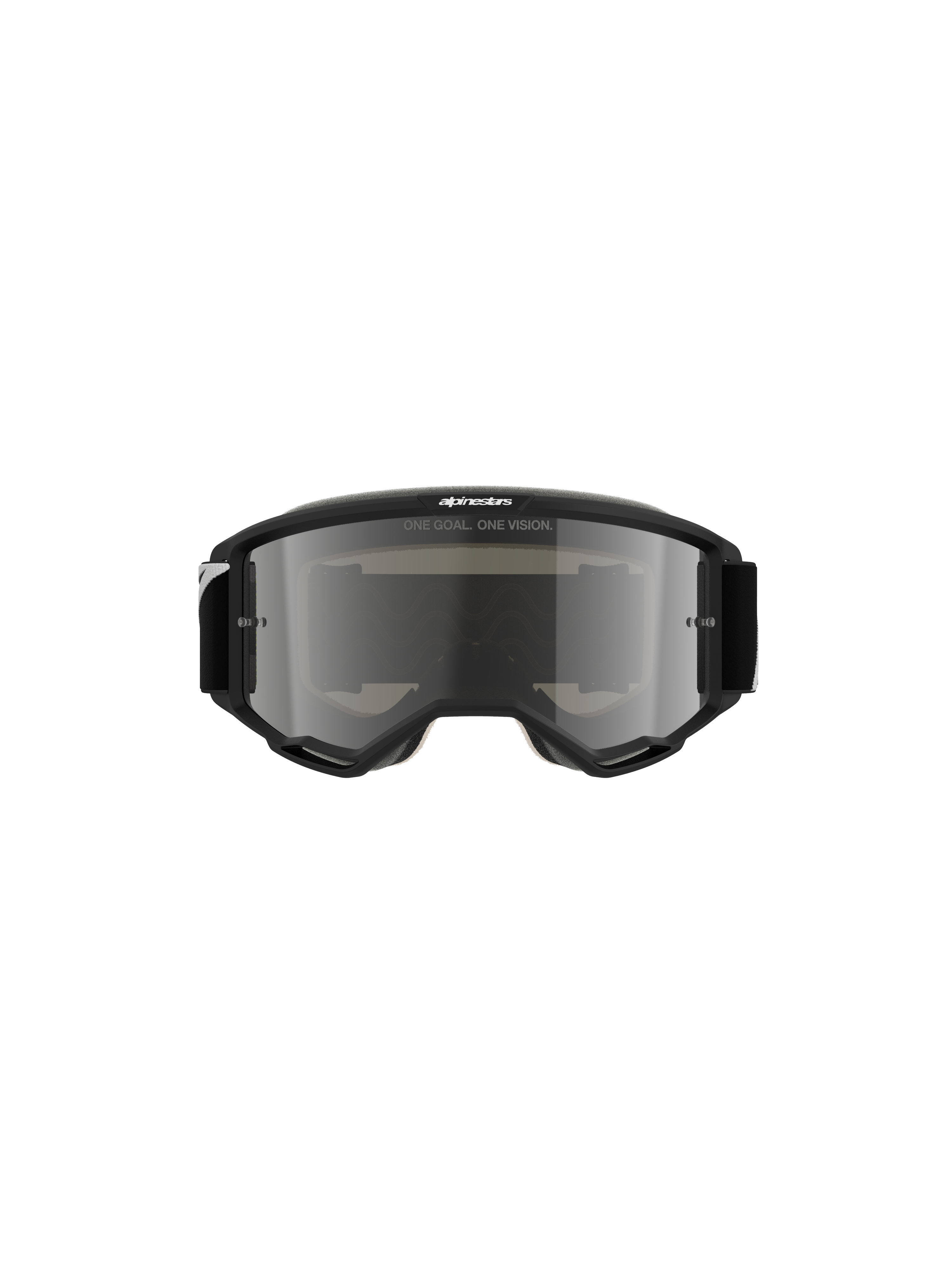 Alpinestars Vision 5 Corp Goggles, Motocross-Brille, Schwarz mit silber verspiegelter Linse, Frontansicht mit dem Schriftzug „ONE GOAL. ONE VISION.“ und Alpinestars-Logo, schlankes Design für Offroad- und Motocross-Rennsport