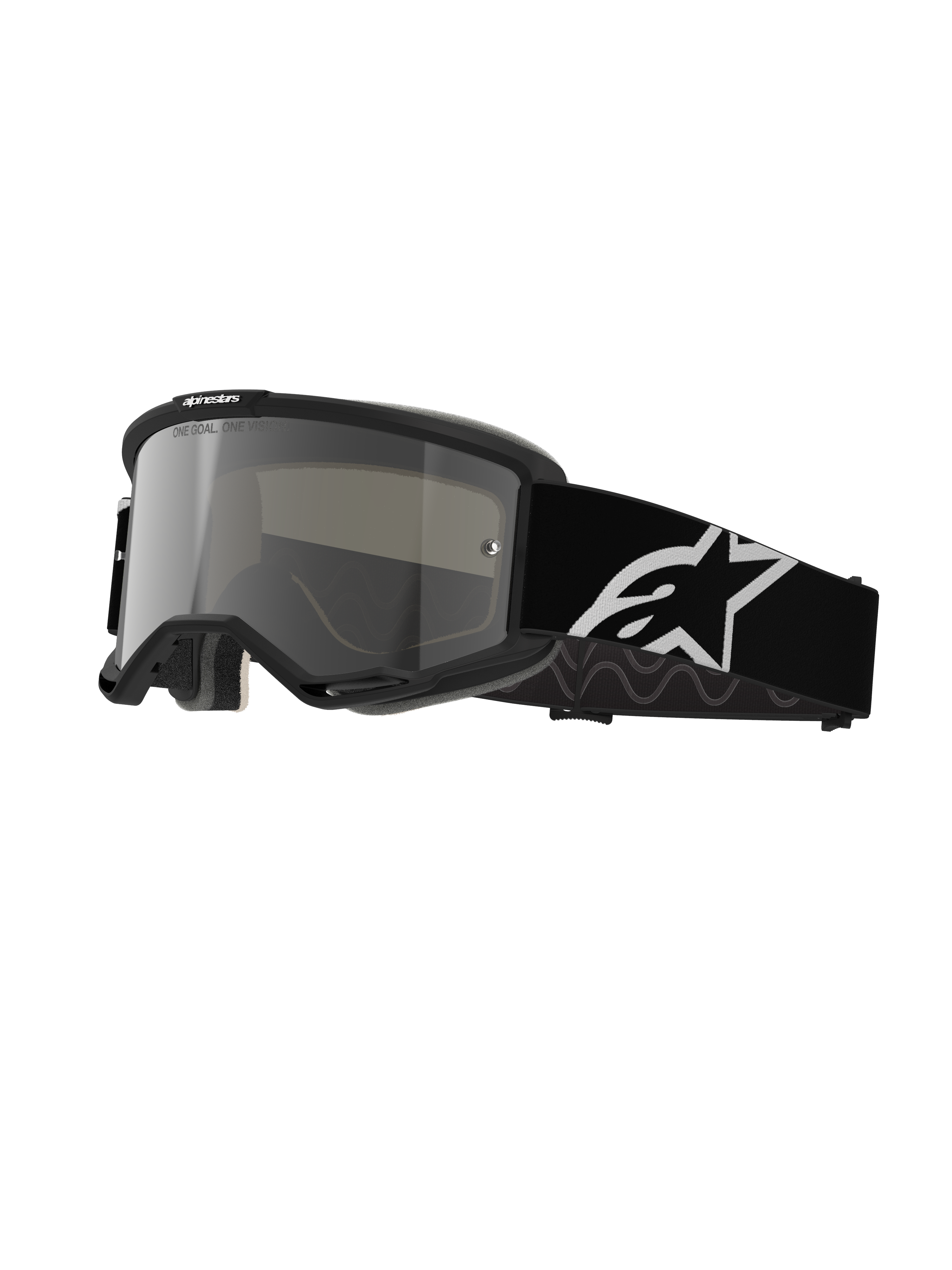 Alpinestars Vision 5 Corp Goggles, Motocross-Brille, schwarzer Rahmen mit silber verspiegelten Gläsern, breites verstellbares schwarzes Band mit großem weißen Alpinestars Stern-Logo, gepolsterter Gesichtsschaum, One Goal One Vision Branding