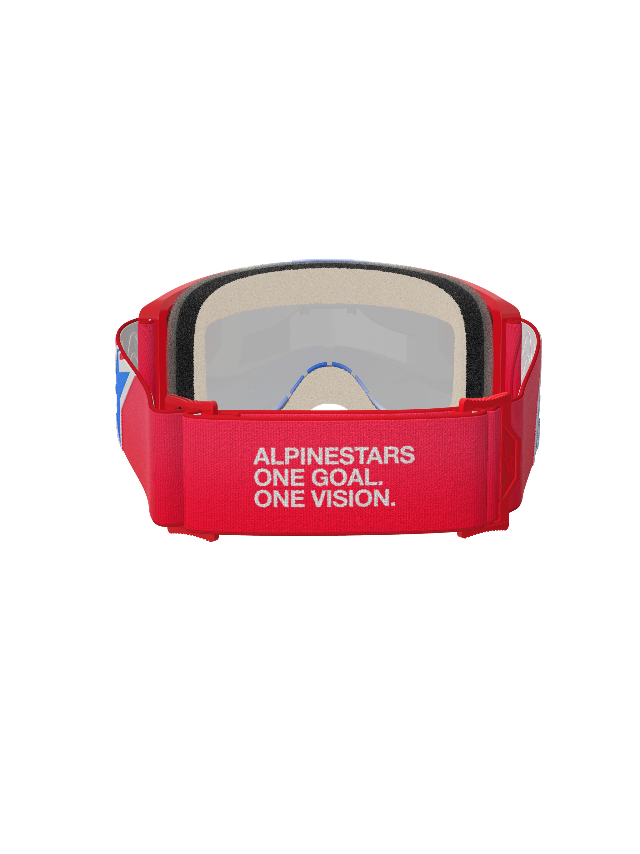 Alpinestars Vision 5 Corp Goggles, Motocross Goggles, Red and White, rear view showing wide strap with 'Alpinestars One Goal. One Vision.' slogan, thick face foam, and red frame