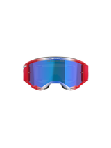 Alpinestars Vision 5 Corp Goggles, Motocross Goggles, Red and White frame with Blue Mirror lens, featuring red strap and 'ONE GOAL... ONE VISION' text on the lens, front view