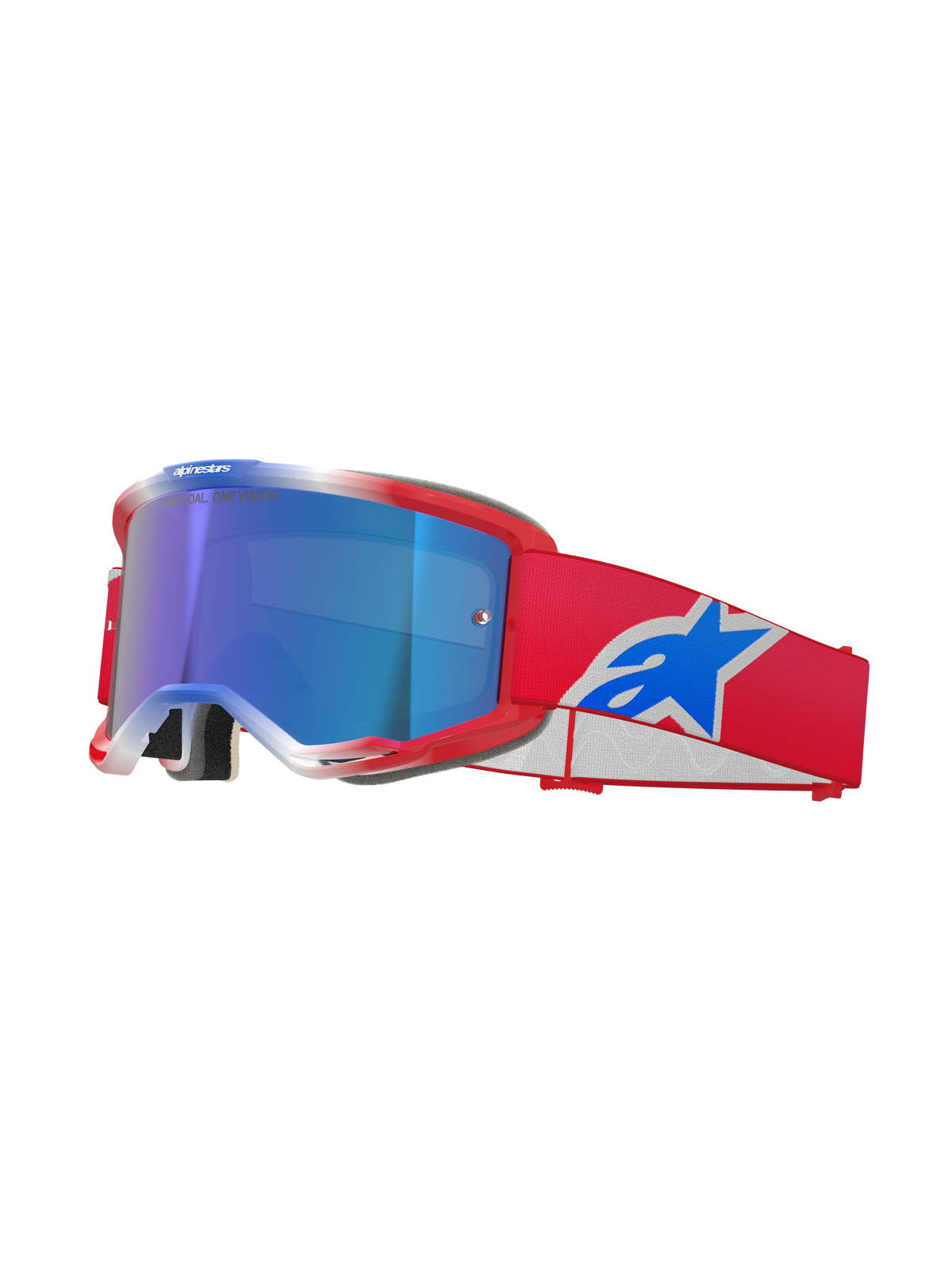 Alpinestars Vision 5 Corp Goggles, Motocross-Brille, Rot, Weiß und Blau, blau verspiegelte Linse, rotes Band mit blauem Alpinestars-Logo, flexibler roter Rahmen mit weißen Akzenten, Schutzbrille für den Offroad-Einsatz