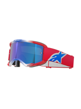 Alpinestars Vision 5 Corp Goggles, Motocross Goggles, Red White and Blue, Blue Mirror lens, red strap with blue Alpinestars logo, flexible red frame with white accents, protective eyewear for off-road riding