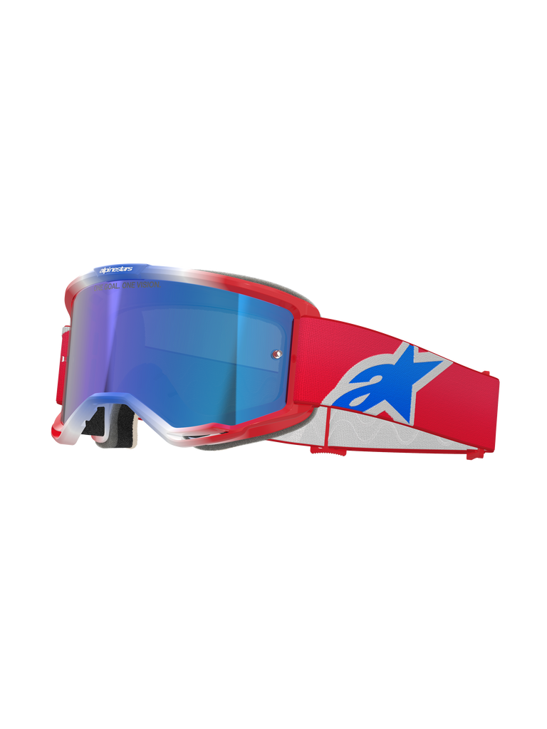 Alpinestars Vision 5 Corp Goggles, Motocross Goggles, Red White and Blue, Blue Mirror lens, red strap with blue Alpinestars logo, flexible red frame with white accents, protective eyewear for off-road riding