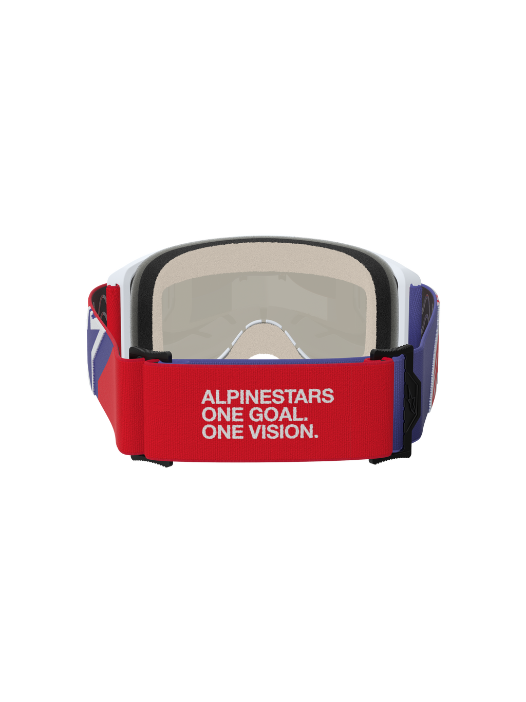 Alpinestars Vision 5 Corp Goggles, Motocross Goggles, Red and Purple, rear view featuring a red elastic strap with white 'ALPINESTARS ONE GOAL. ONE VISION.' slogan, white frame with beige multi-stage face foam, durable off-road eye protection