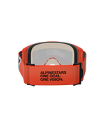 Alpinestars Vision 5 Corp Goggles, back view showing the orange woven strap with black "ALPINESTARS ONE GOAL. ONE VISION." text, multi-layer face foam, orange frame, professional motocross eyewear