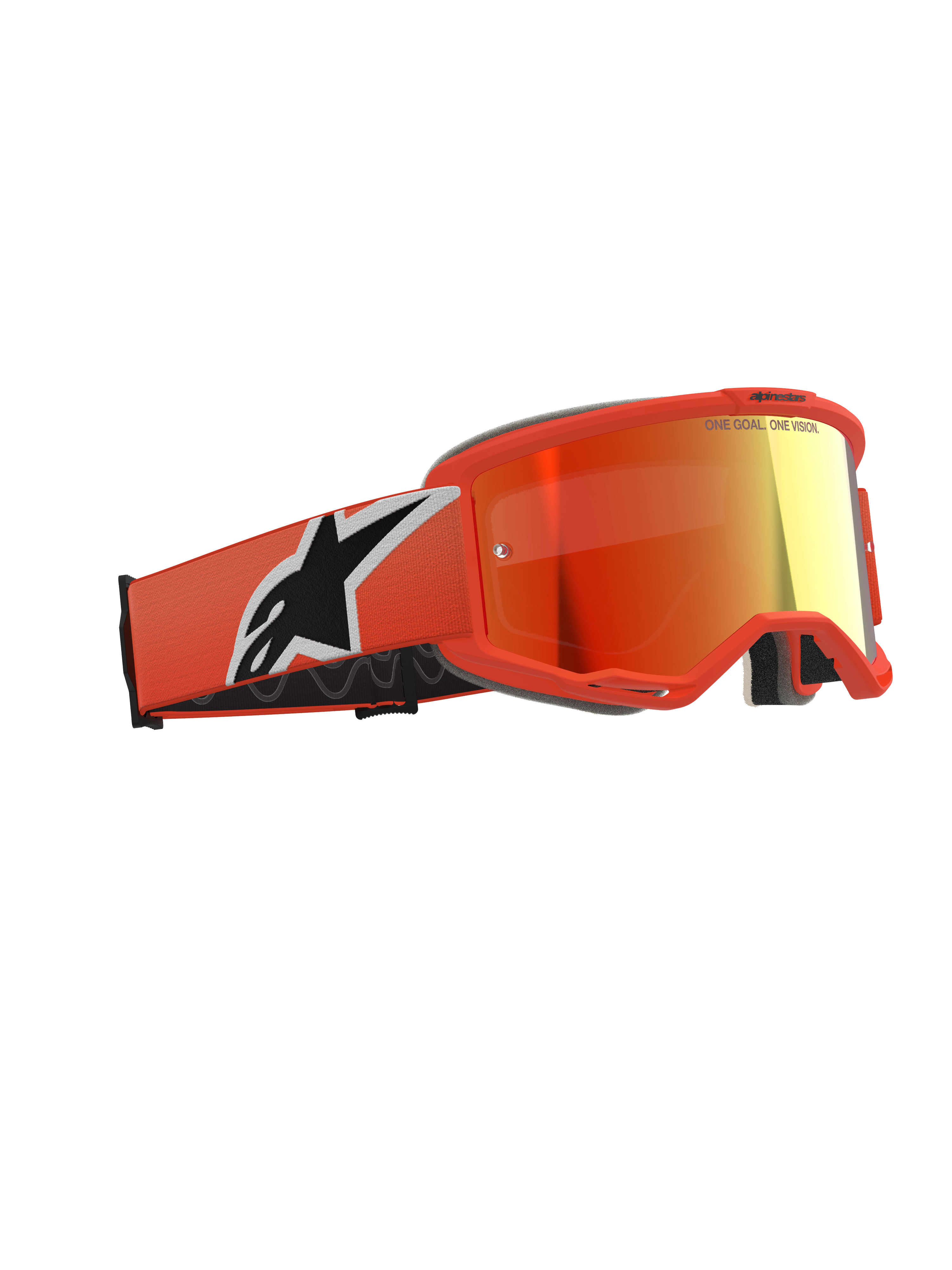 Alpinestars Vision 5 Corp Goggles, Motocross Goggles, Orange with Red Mirror Lens, vibrant orange frame and strap featuring a large white and black Astars logo, mirrored reddish-orange lens with branding on top, professional off-road protective eyewear